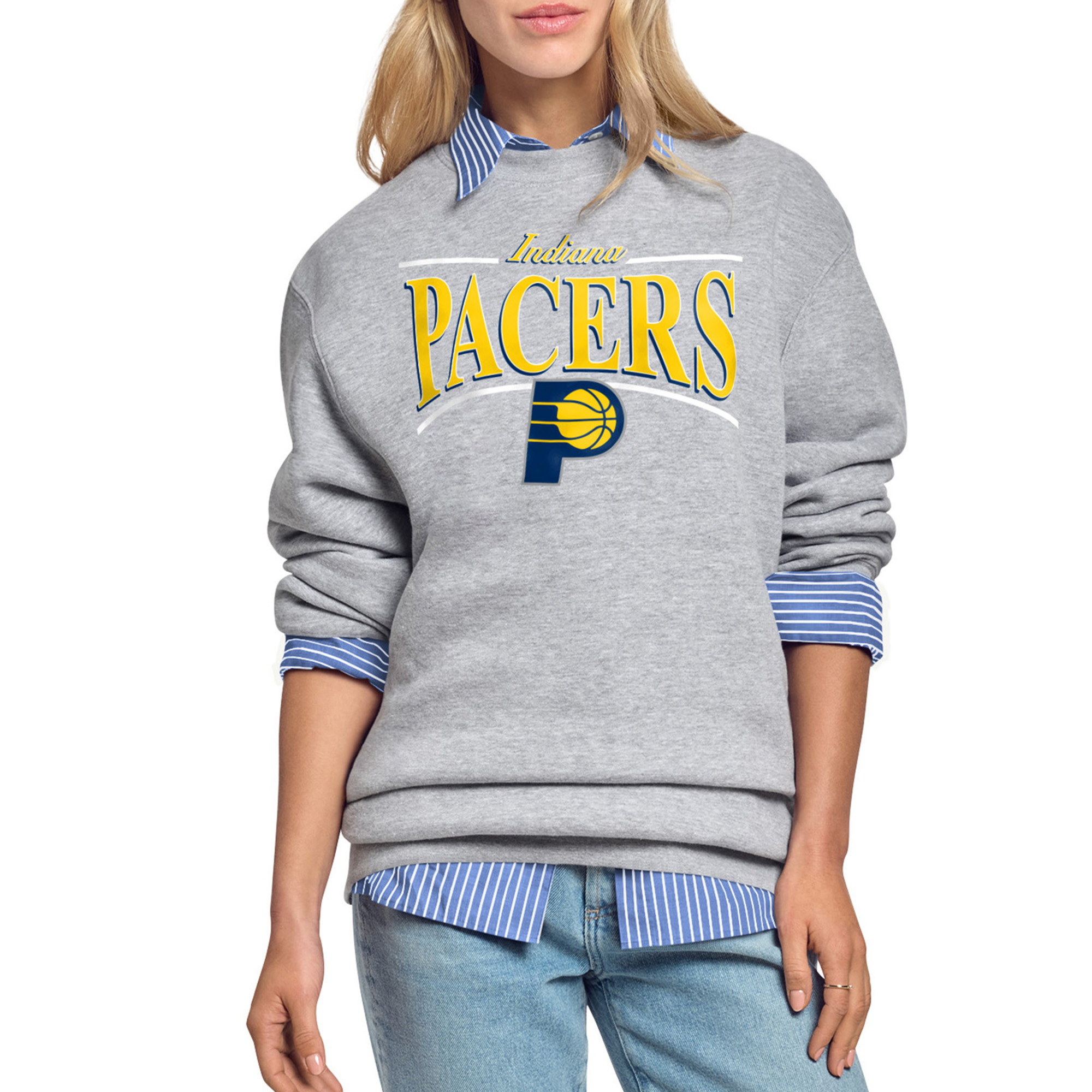 Women's Starter Gray Indiana Pacers Arch Stripe Fleece Crewneck Sweatshirt