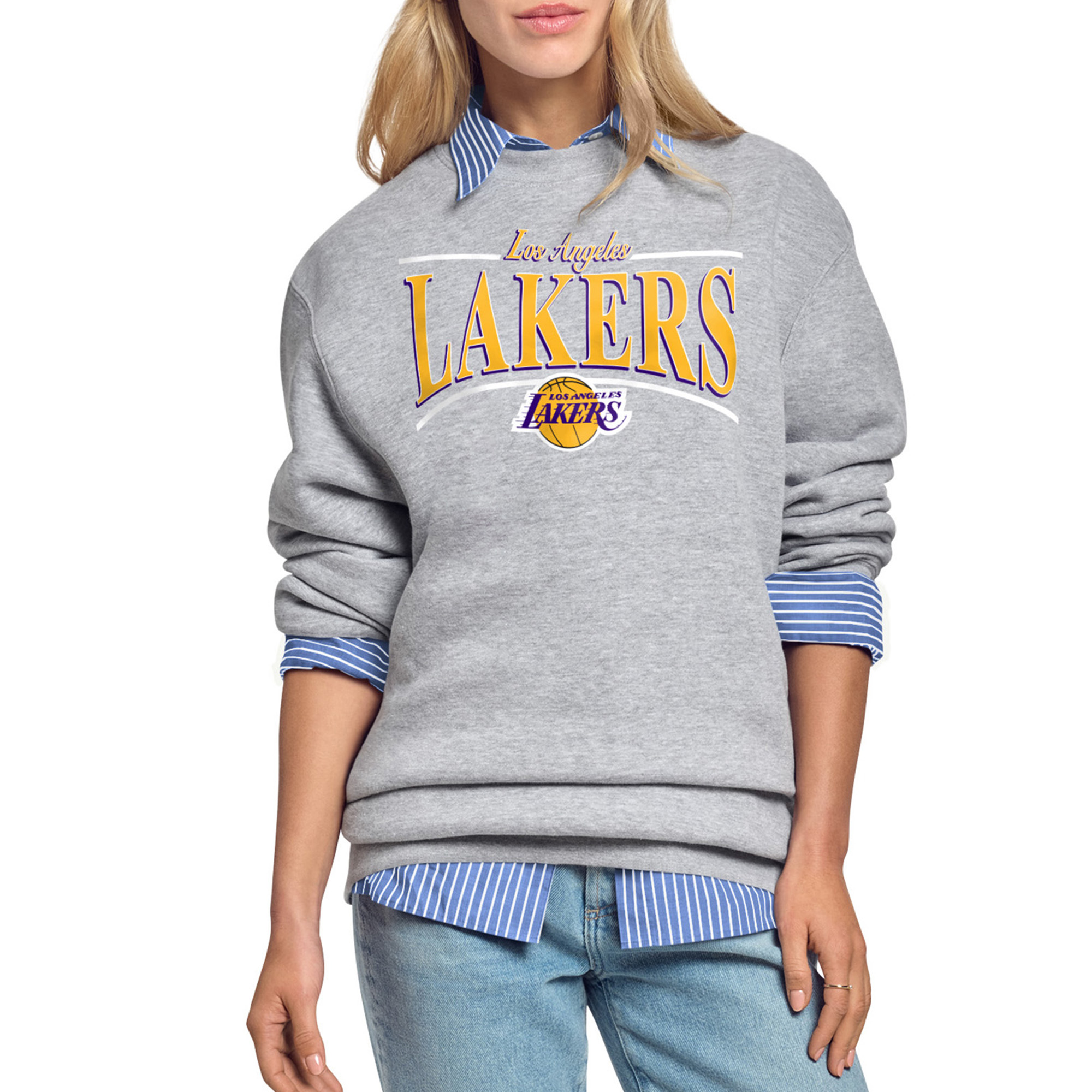 Women's Starter Gray Los Angeles Lakers Arch Stripe Fleece Crewneck Sweatshirt