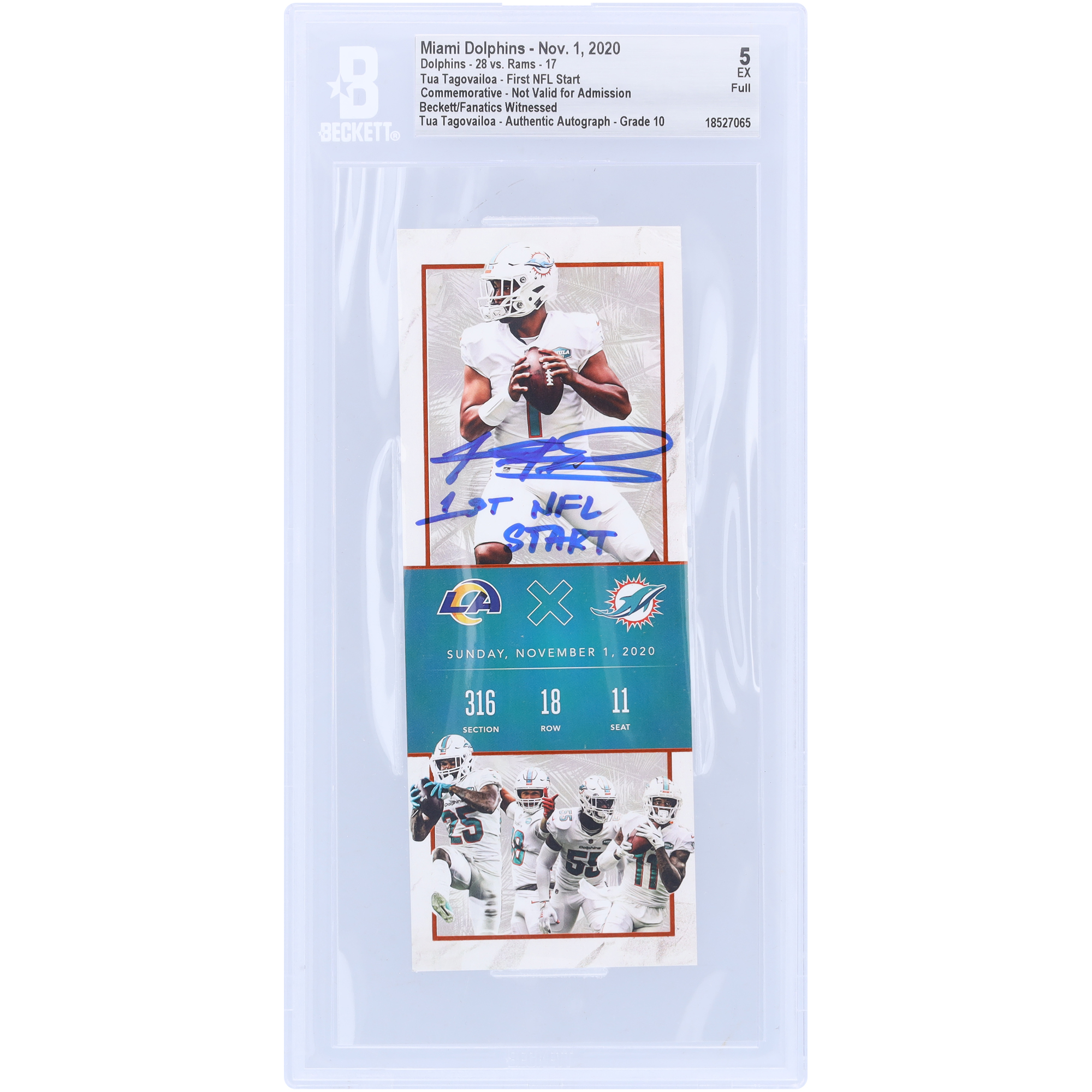 Tua Tagovailoa Miami Dolphins Autographed First Career Start Commemorative Beckett Fanatics Witnessed Authenticated 5/10 Ticket from November 1, 2020 with "1ST NFL START" Inscription