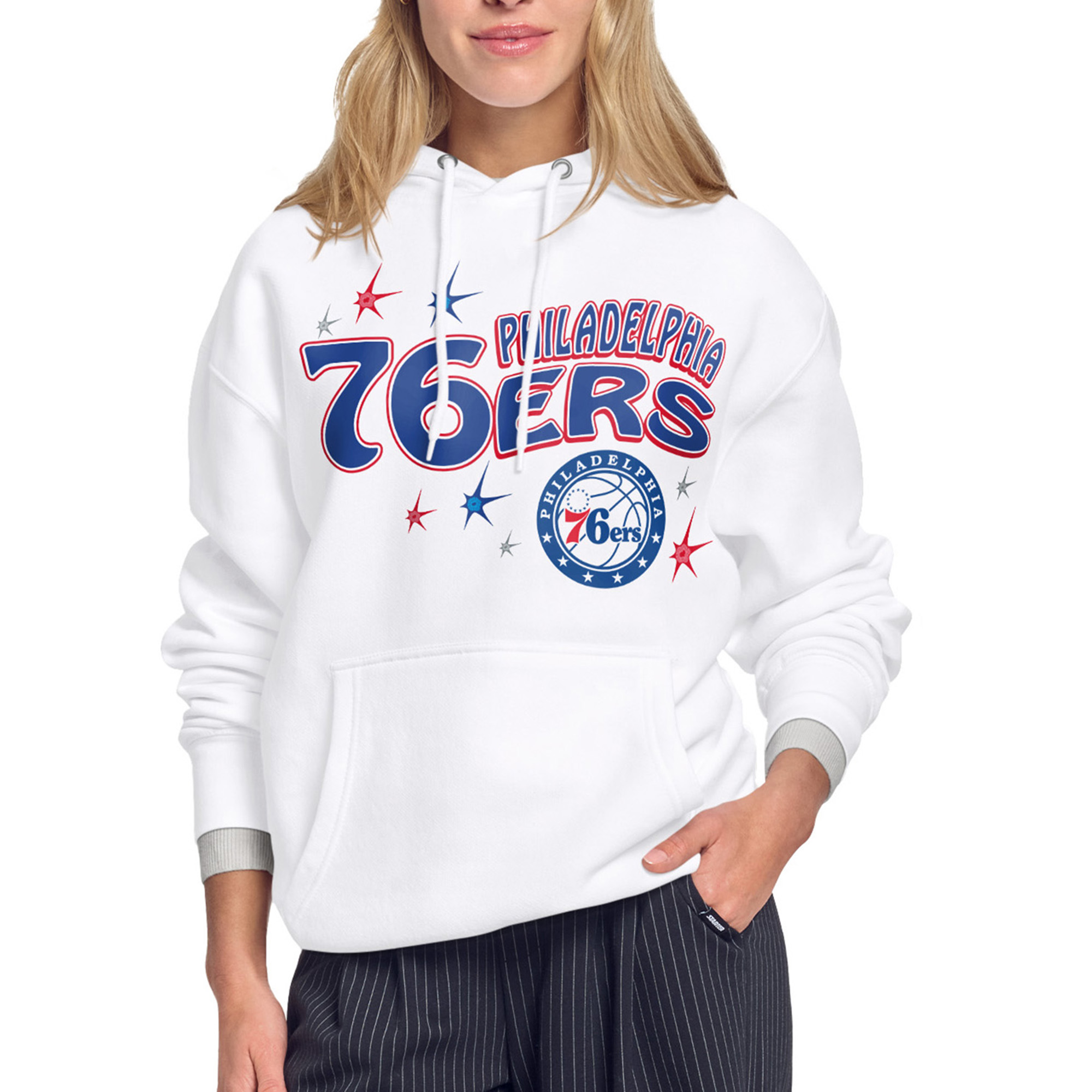 Women’s Starter White Philadelphia 76ers Fireworks Fleece Hoodie Women’s Starter White Philadelphia 76ers Fireworks Fleece Hoodie