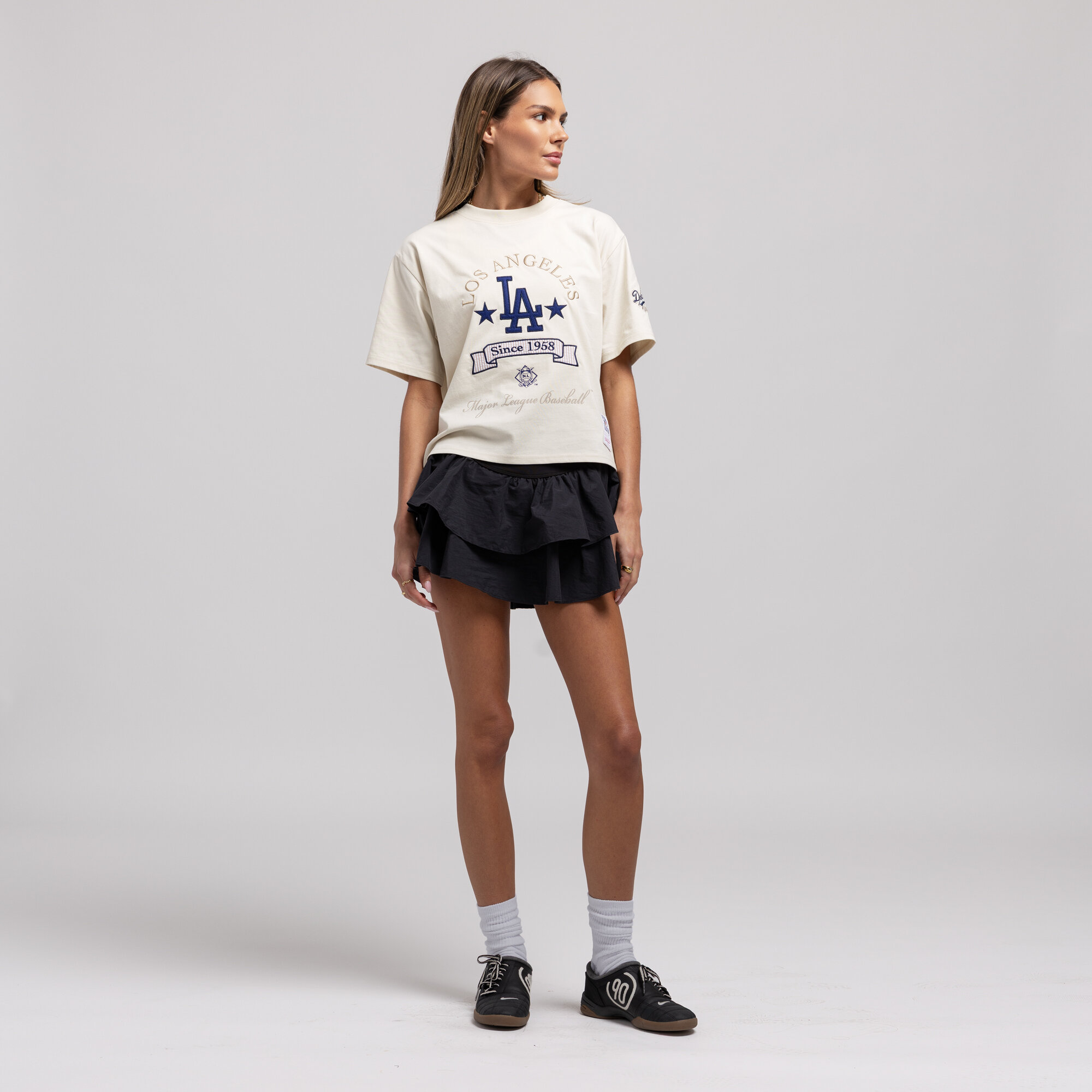 Women's Mitchell & Ness  Cream Los Angeles Dodgers Cooperstown Yacht Rock Boxy Cropped T-Shirt