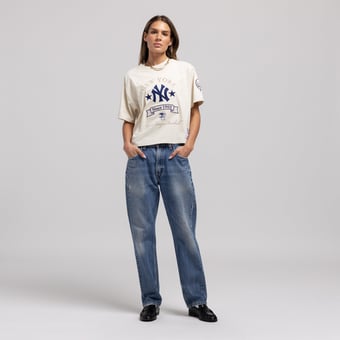 Women's Mitchell & Ness  Cream New York Yankees Cooperstown Yacht Rock Boxy Cropped T-Shirt