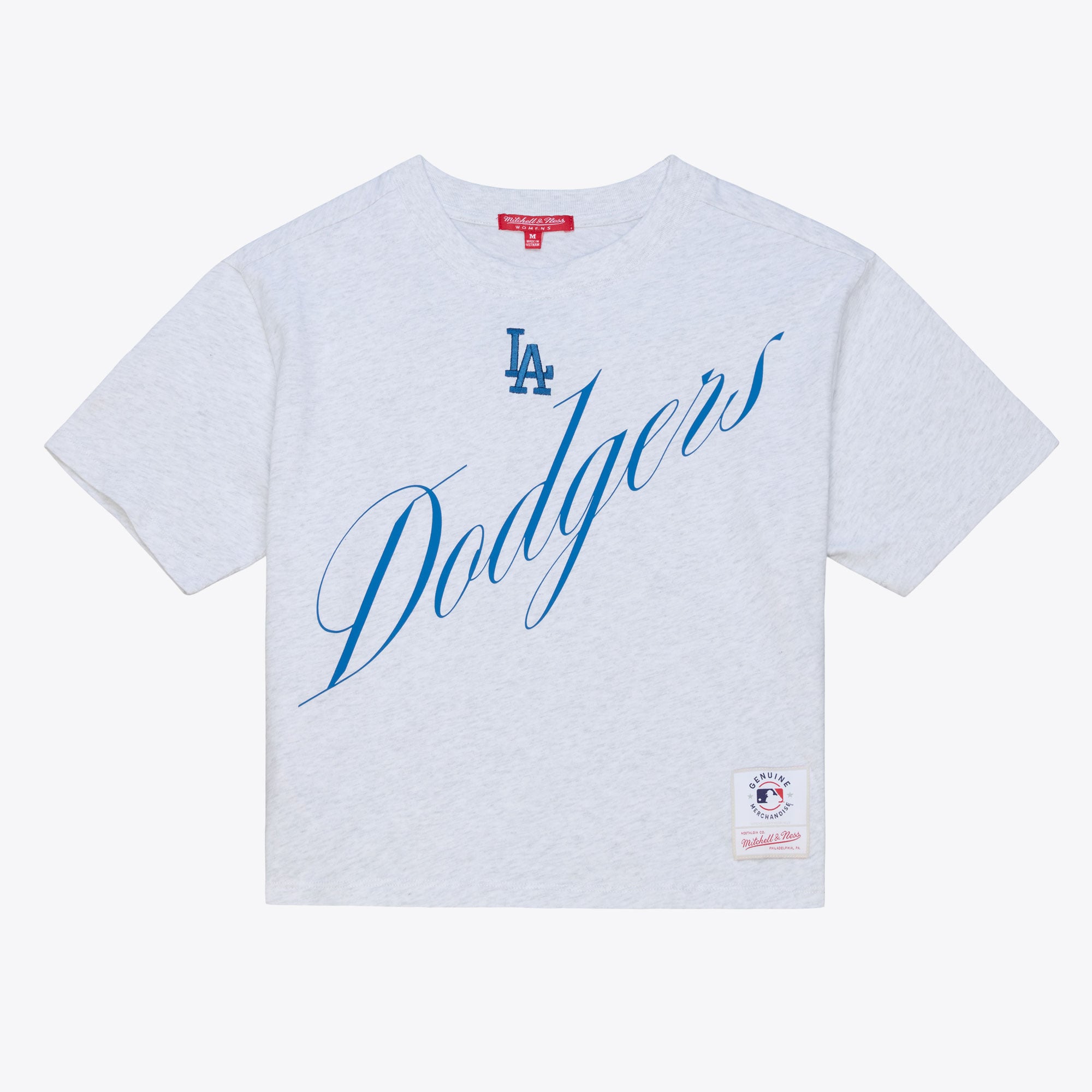 T-shirt corta e ampia da donna Mitchell & Ness grigio melange con scritta Los Angeles Dodgers.