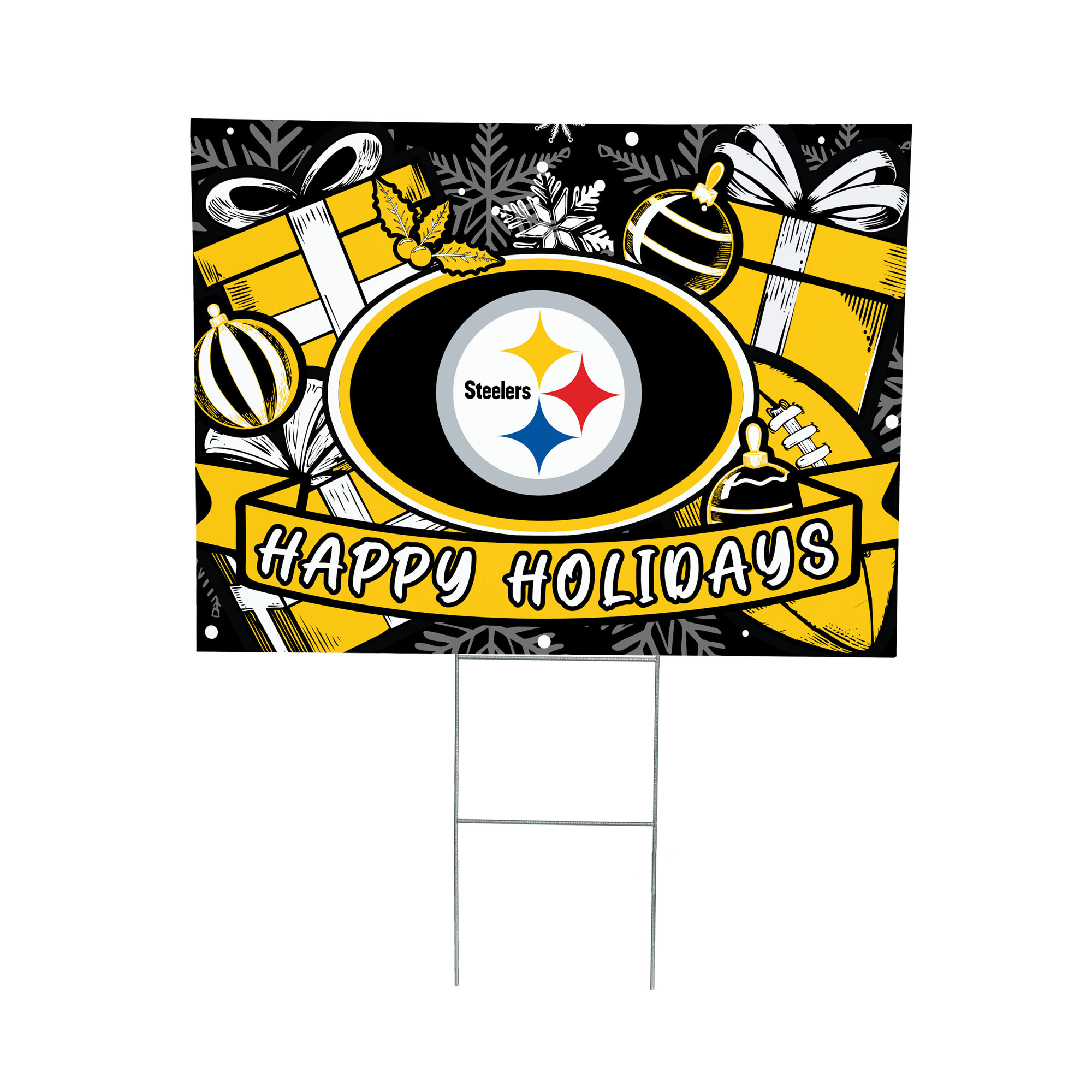 Pittsburgh Steelers 24" x 18" Happy Holidays Christmas Outdoor Staked Yard Sign