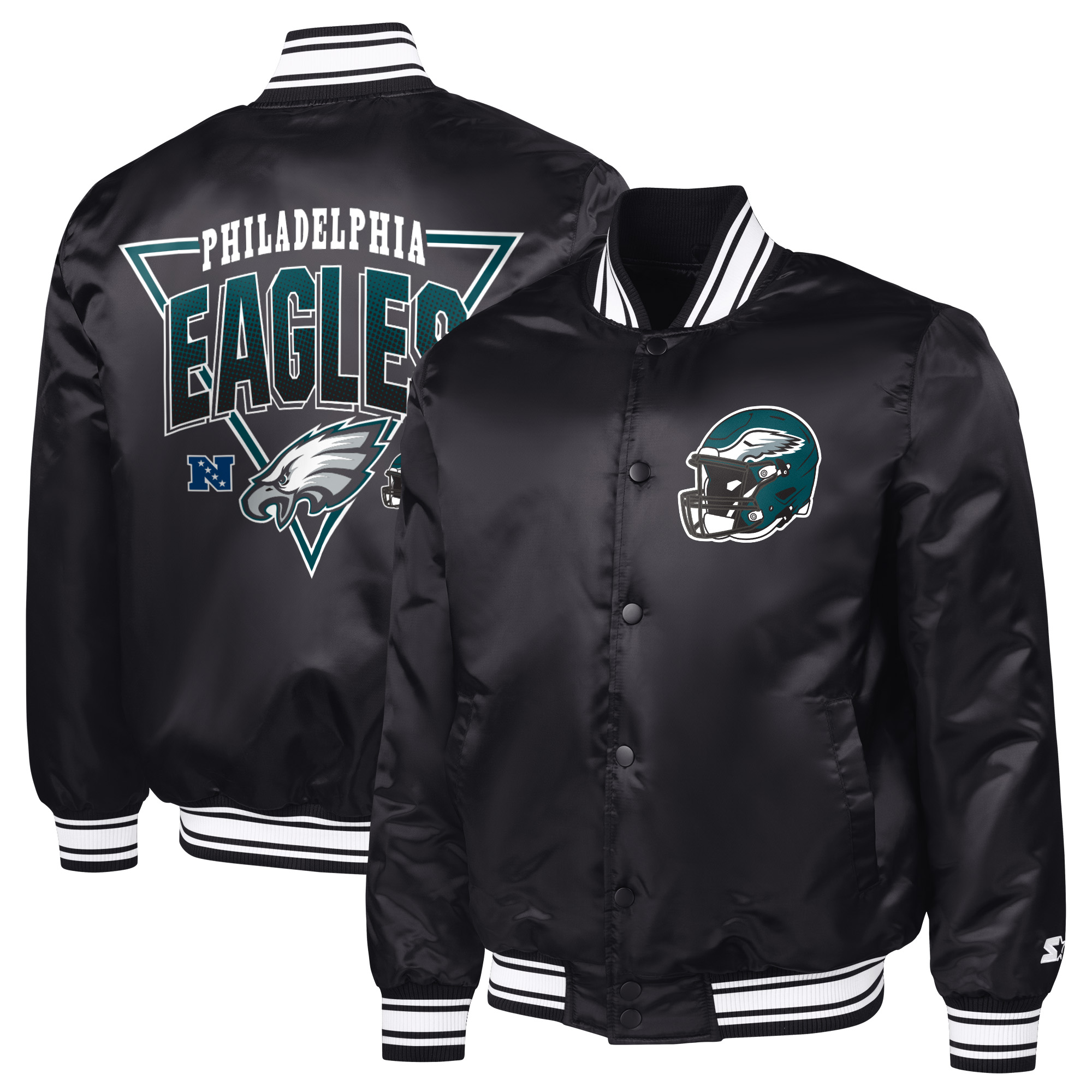 Men's Starter Black Philadelphia Eagles Printed Triangle Graphic Satin Full-Snap Varsity Jacket