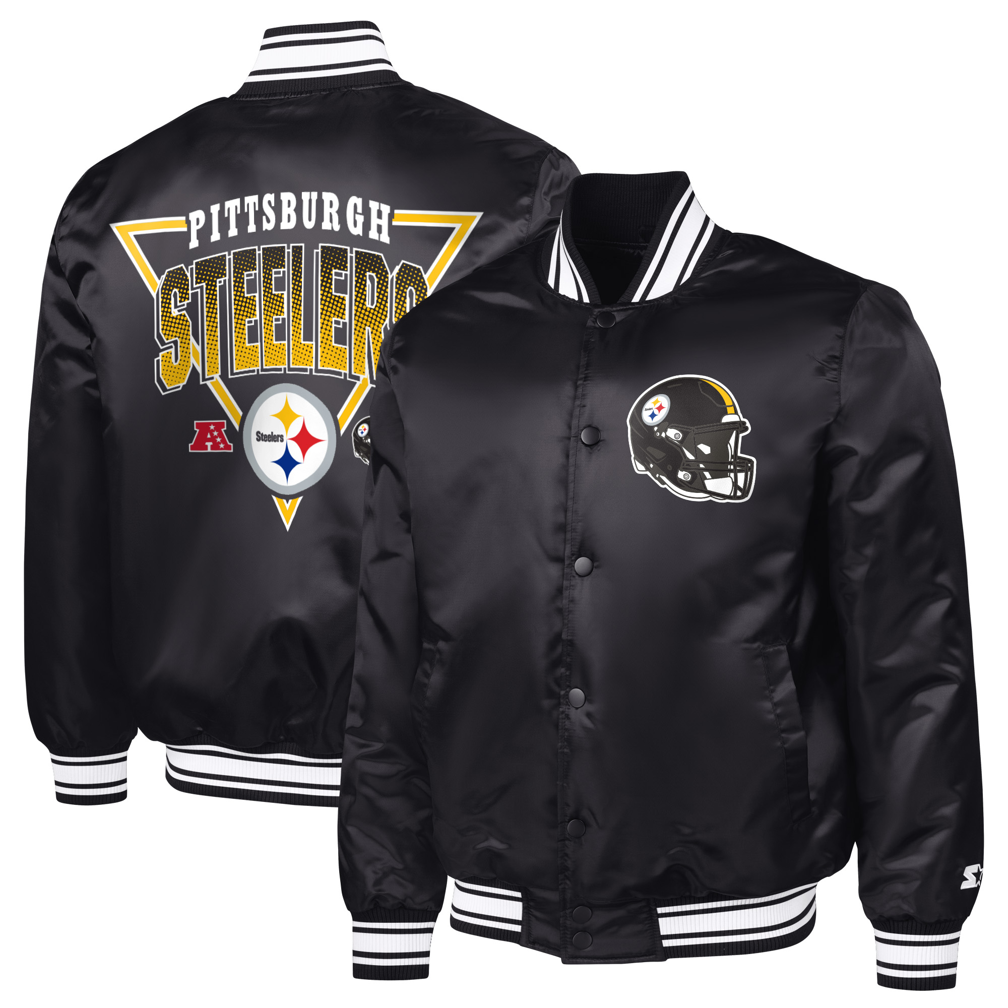 Men's Starter Black Pittsburgh Steelers Printed Triangle Graphic Satin Full-Snap Varsity Jacket