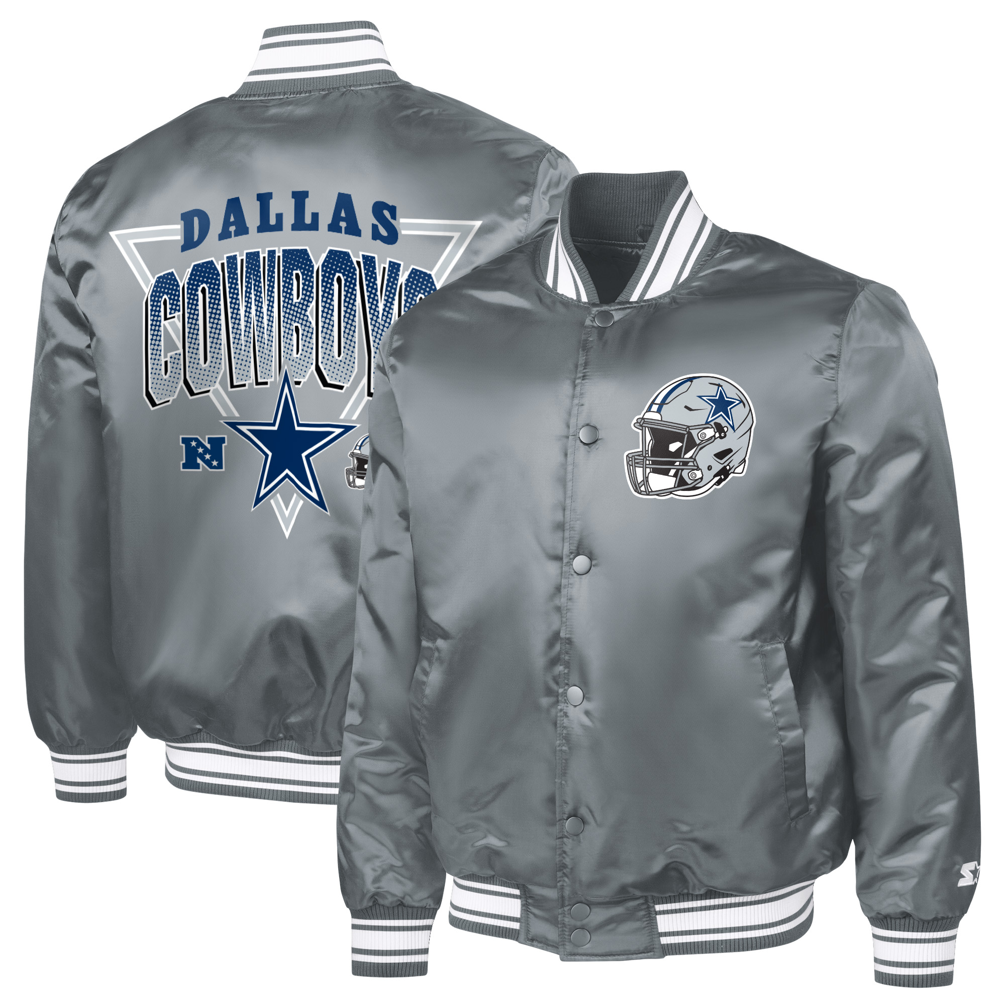 Men's Starter Gray Dallas Cowboys Printed Triangle Graphic Satin Full-Snap Varsity Jacket