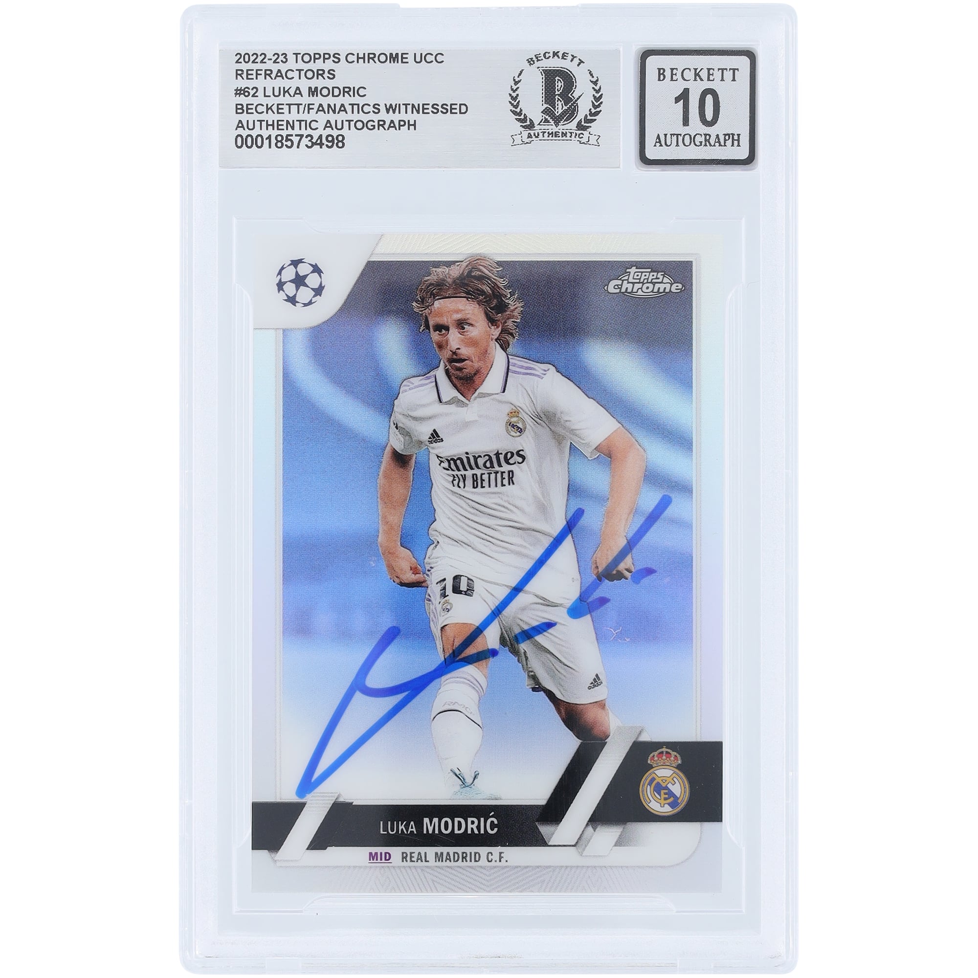 Luka Modric Real Madrid Autographed 2022-23 Topps Chrome UEFA Refractor #62 Beckett Fanatics Witnessed Authenticated 10 Card. rookie card picture