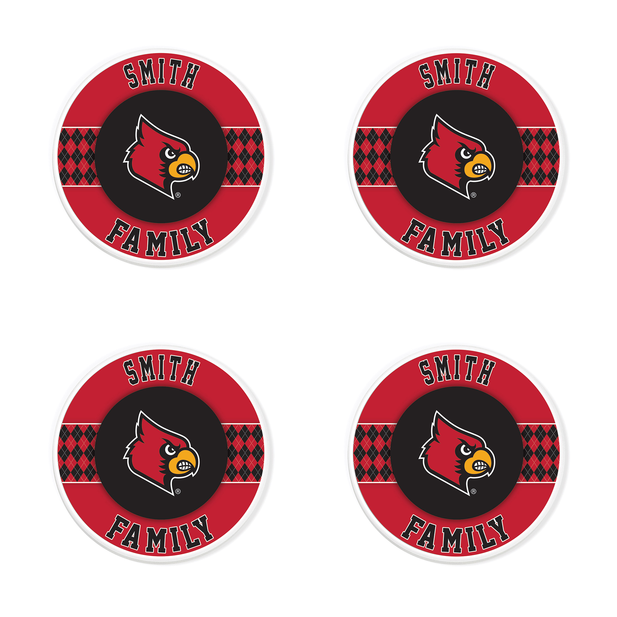 Louisville Cardinals 4" Personalized Circular Coasters 4-Pack Set