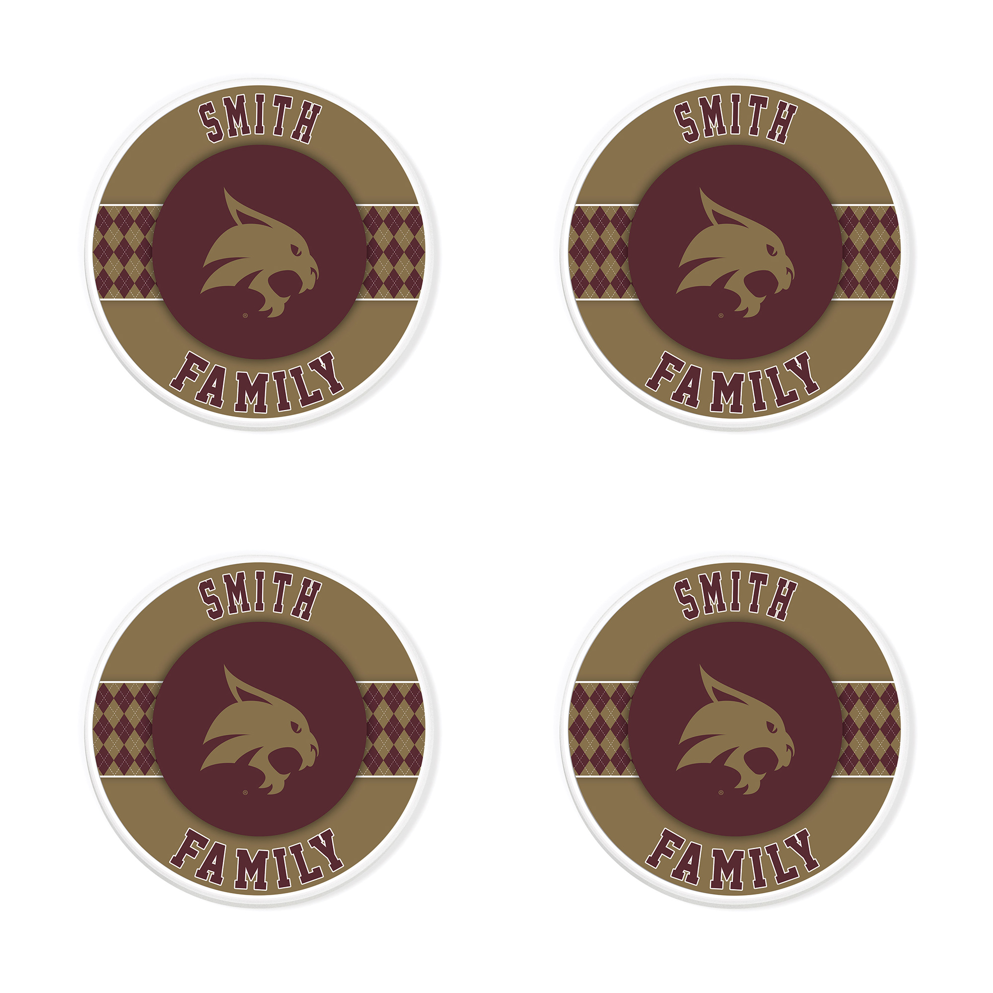 Texas State Bobcats 4" Personalized Circular Coasters 4-Pack Set