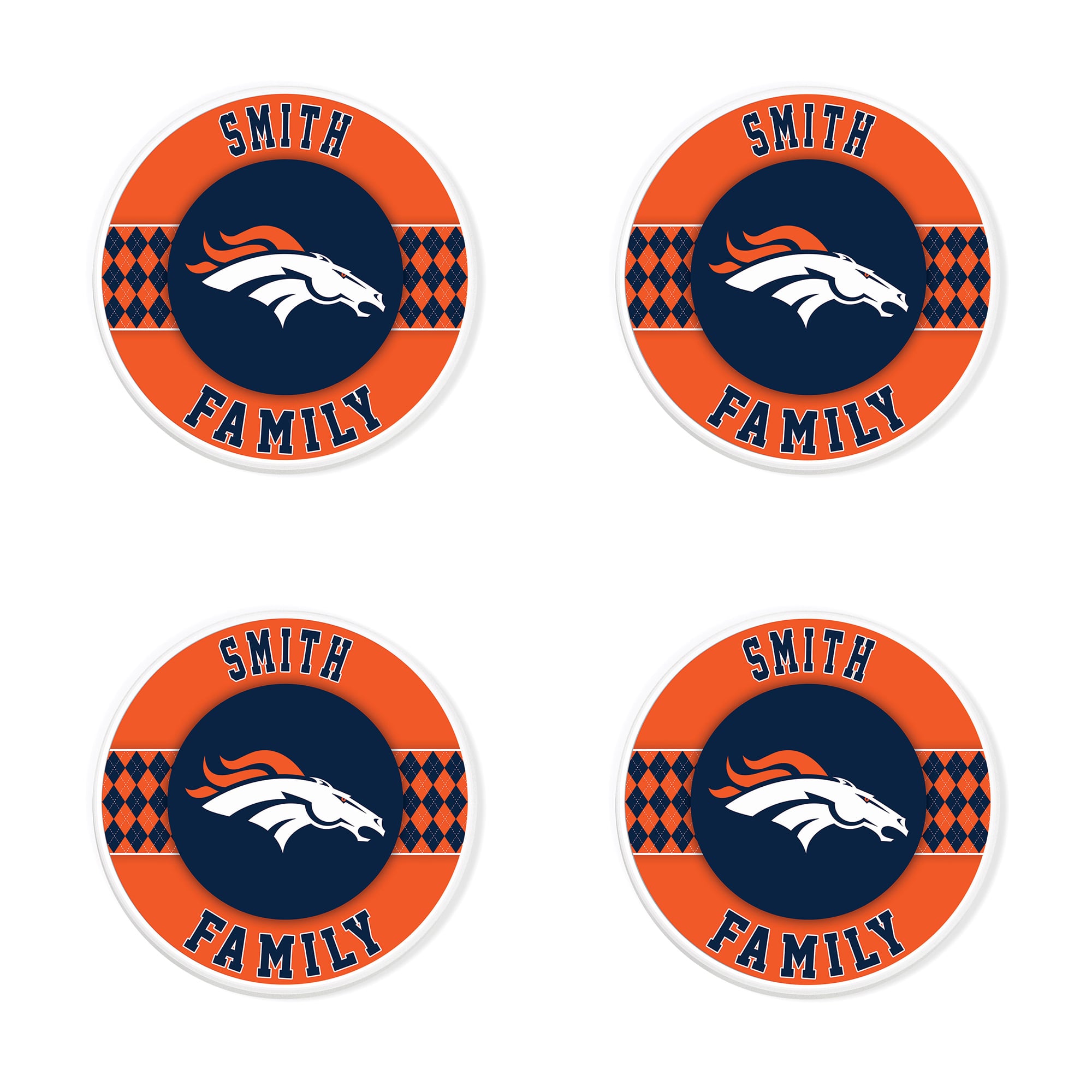 Denver Broncos 4″ Personalized Circular Coasters 4-Pack Set