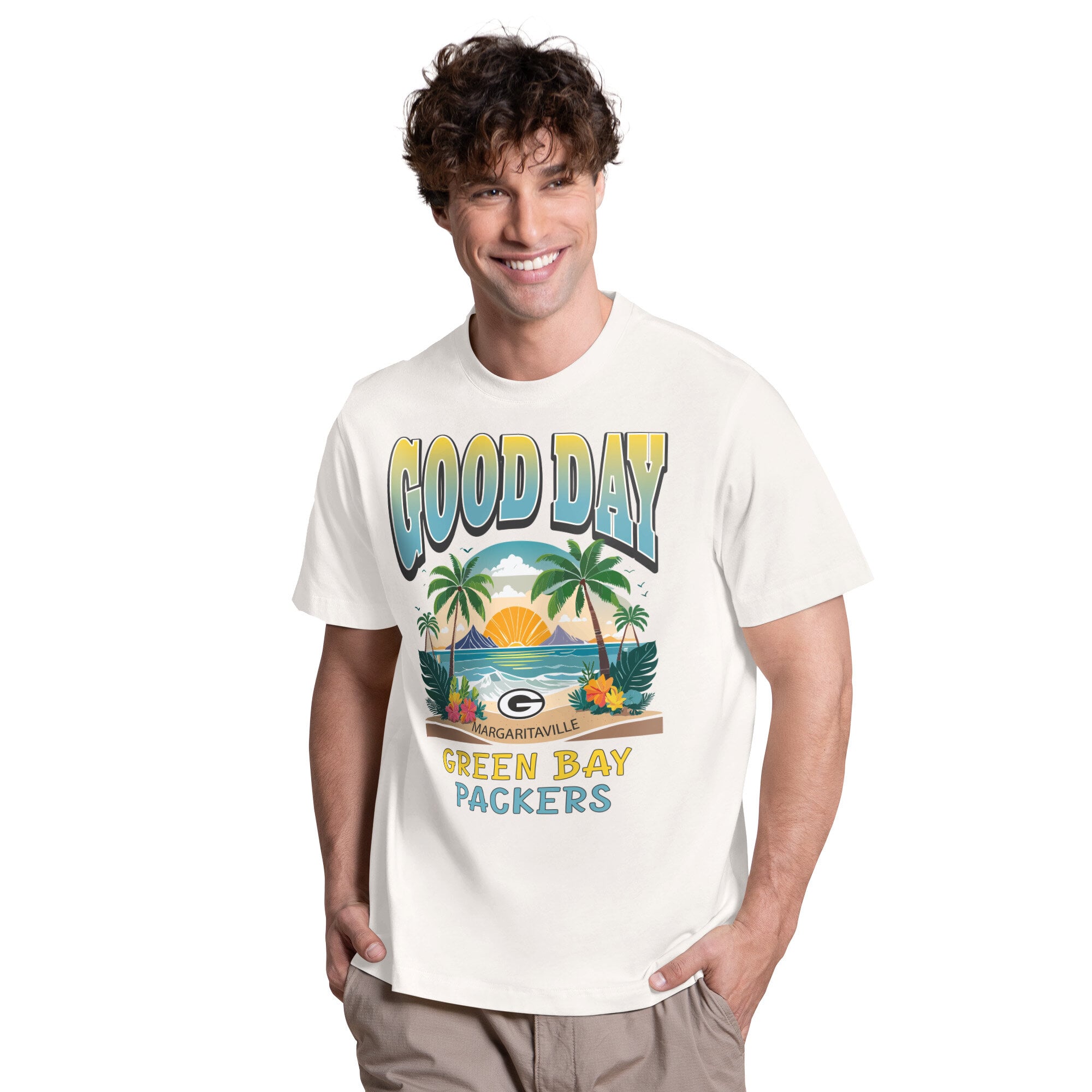 Men's Margaritaville Cream Green Bay Packers Good Day T-Shirt