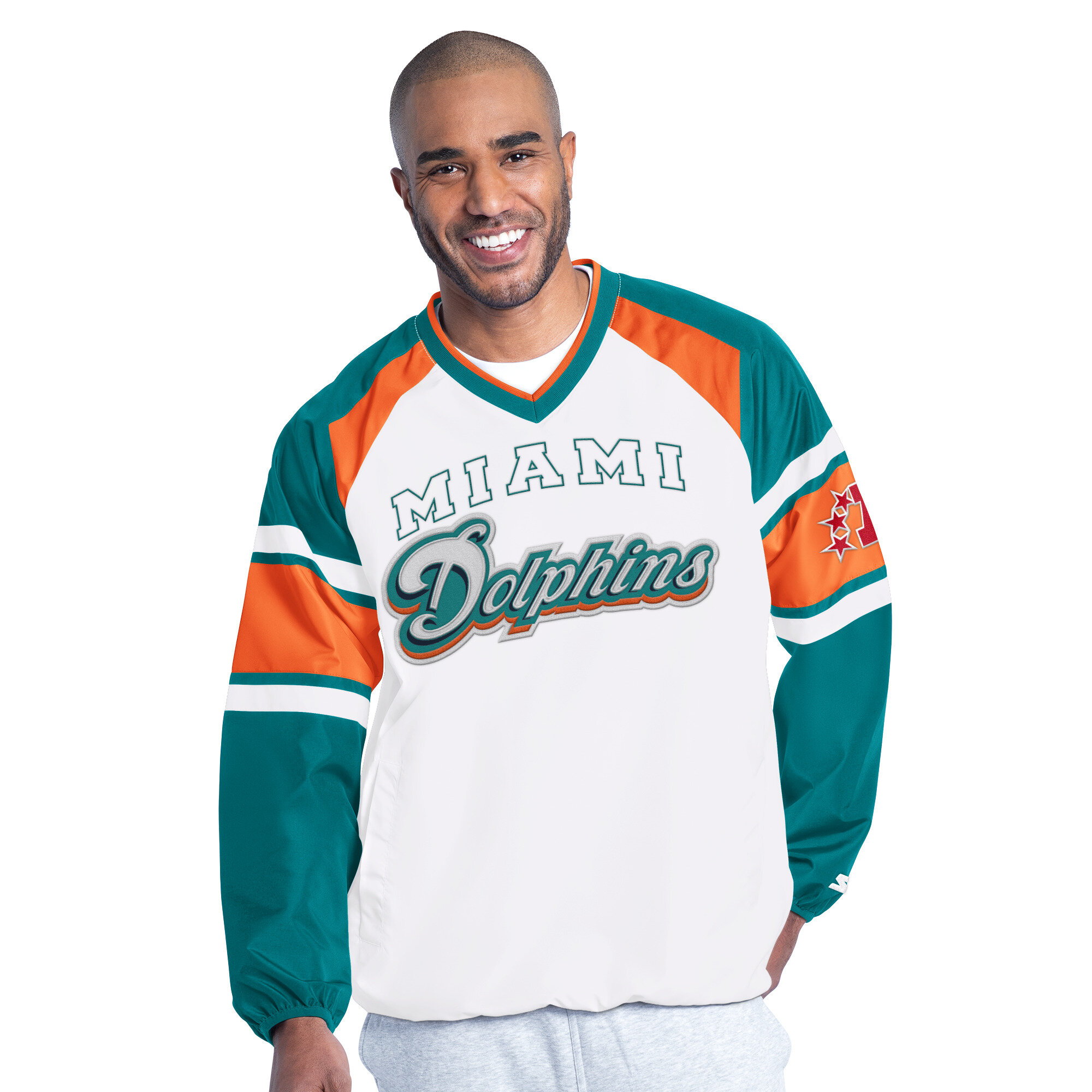 Men's Starter White Miami Dolphins Infield Play Raglan Pullover Jacket