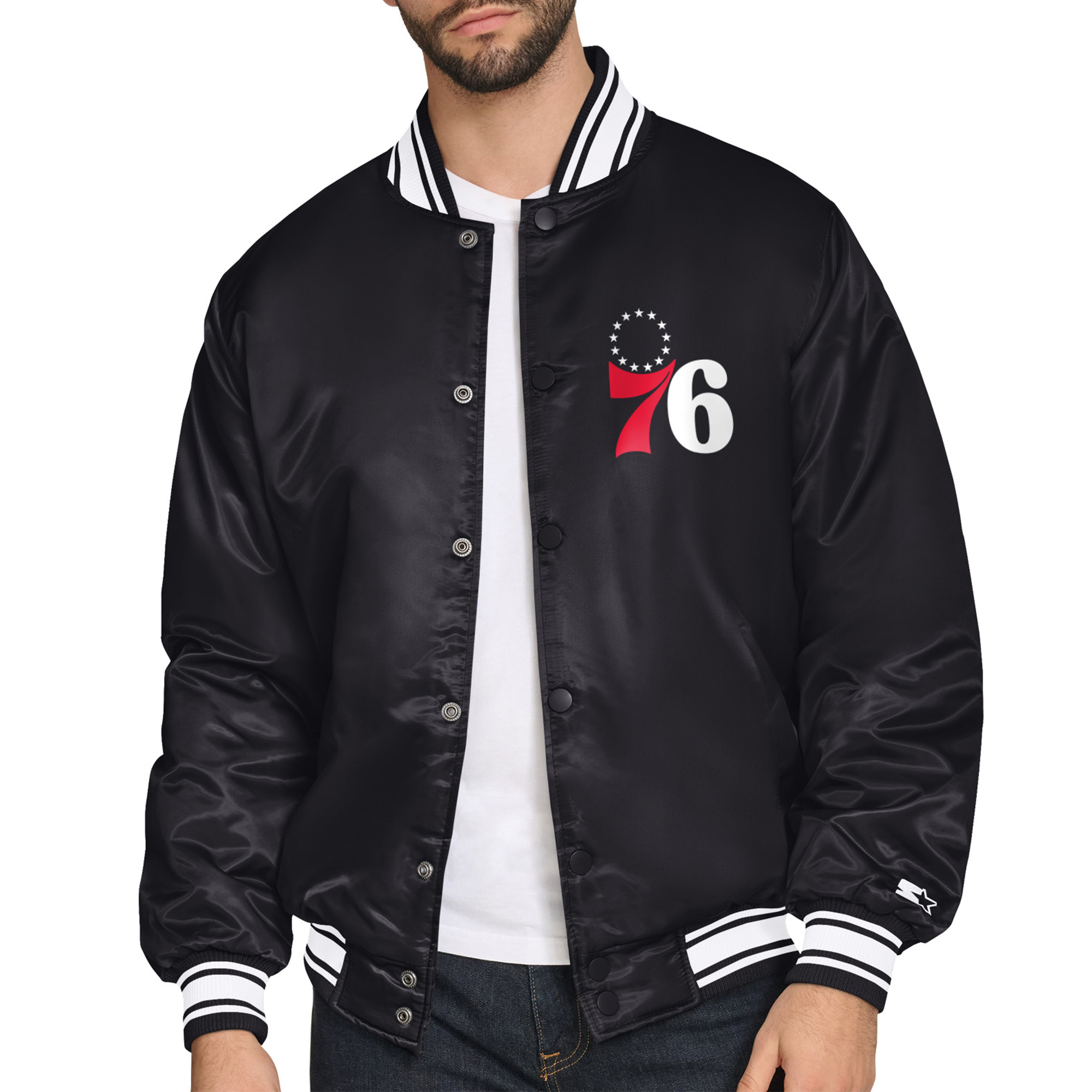 Men's Starter Black Philadelphia 76ers Triangle Full-Snap Varsity Jacket