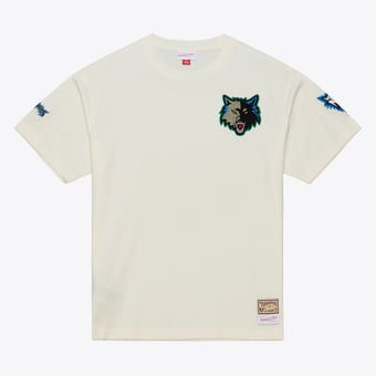 Men's Mitchell & Ness Cream Minnesota Timberwolves Hardwood Classics Chainstitch Premium T-Shirt