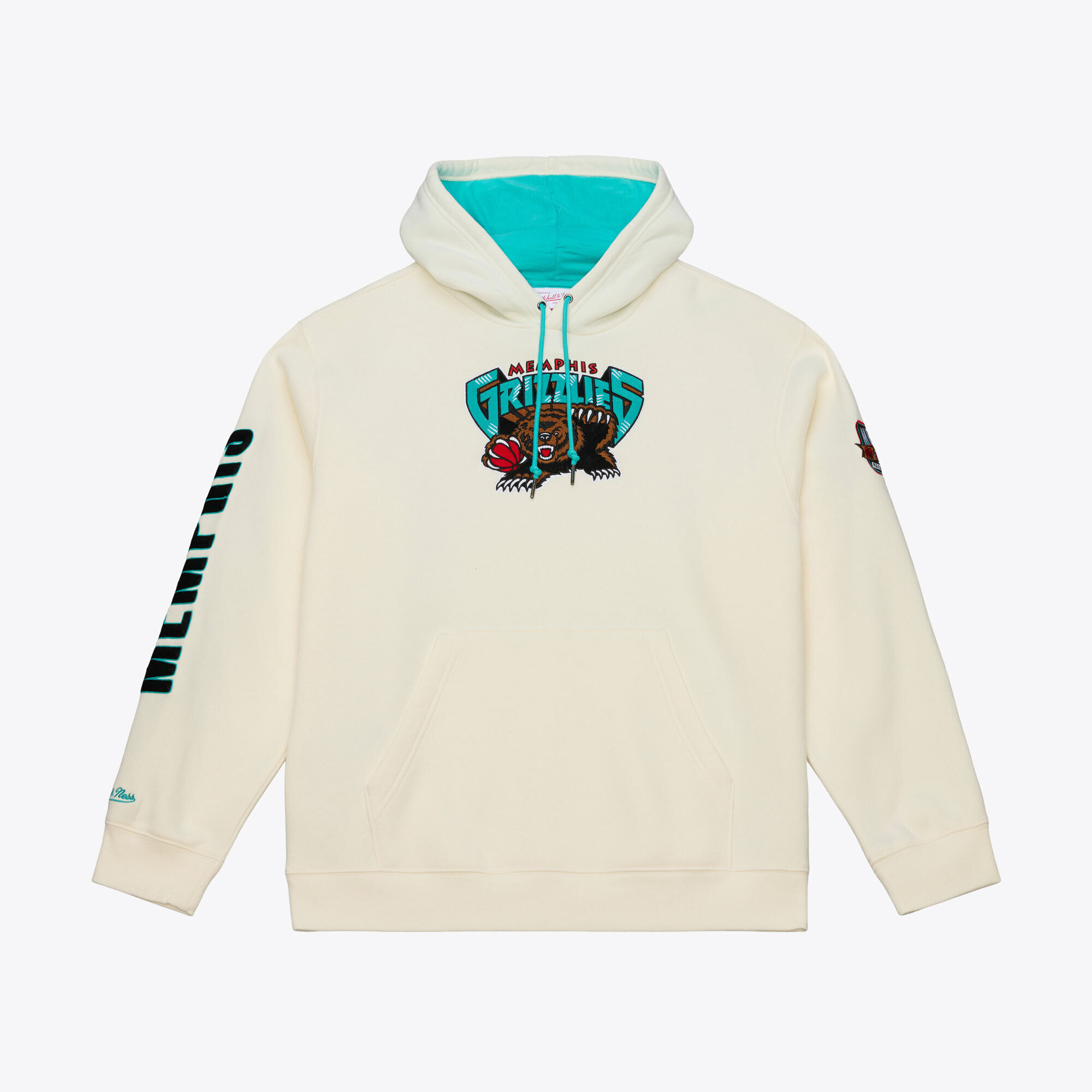 Men's Mitchell & Ness Cream Memphis Grizzlies Hardwood Classics Chainstitch Premium Fleece Hoodie