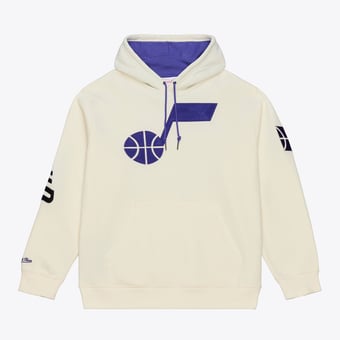 Men's Mitchell & Ness Cream Utah Jazz Hardwood Classics Chainstitch Premium Fleece Hoodie