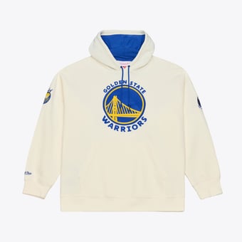 Men's Mitchell & Ness Cream Golden State Warriors Hardwood Classics Chainstitch Premium Fleece Hoodie