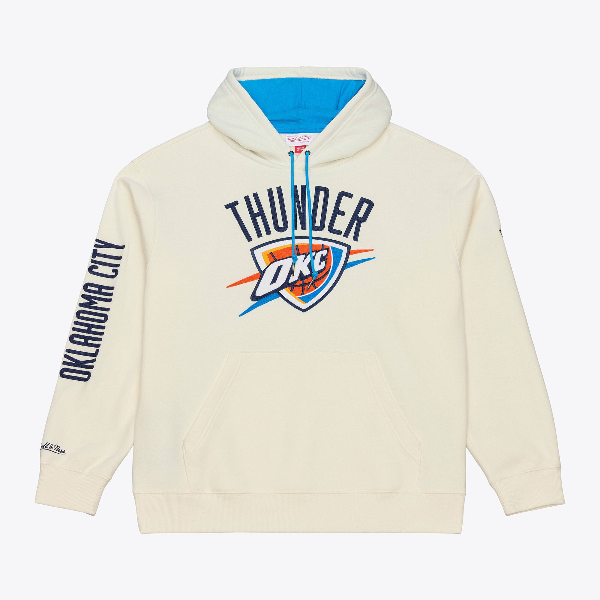 Men's Mitchell & Ness Cream Oklahoma City Thunder Hardwood Classics Chainstitch Premium Fleece Hoodie