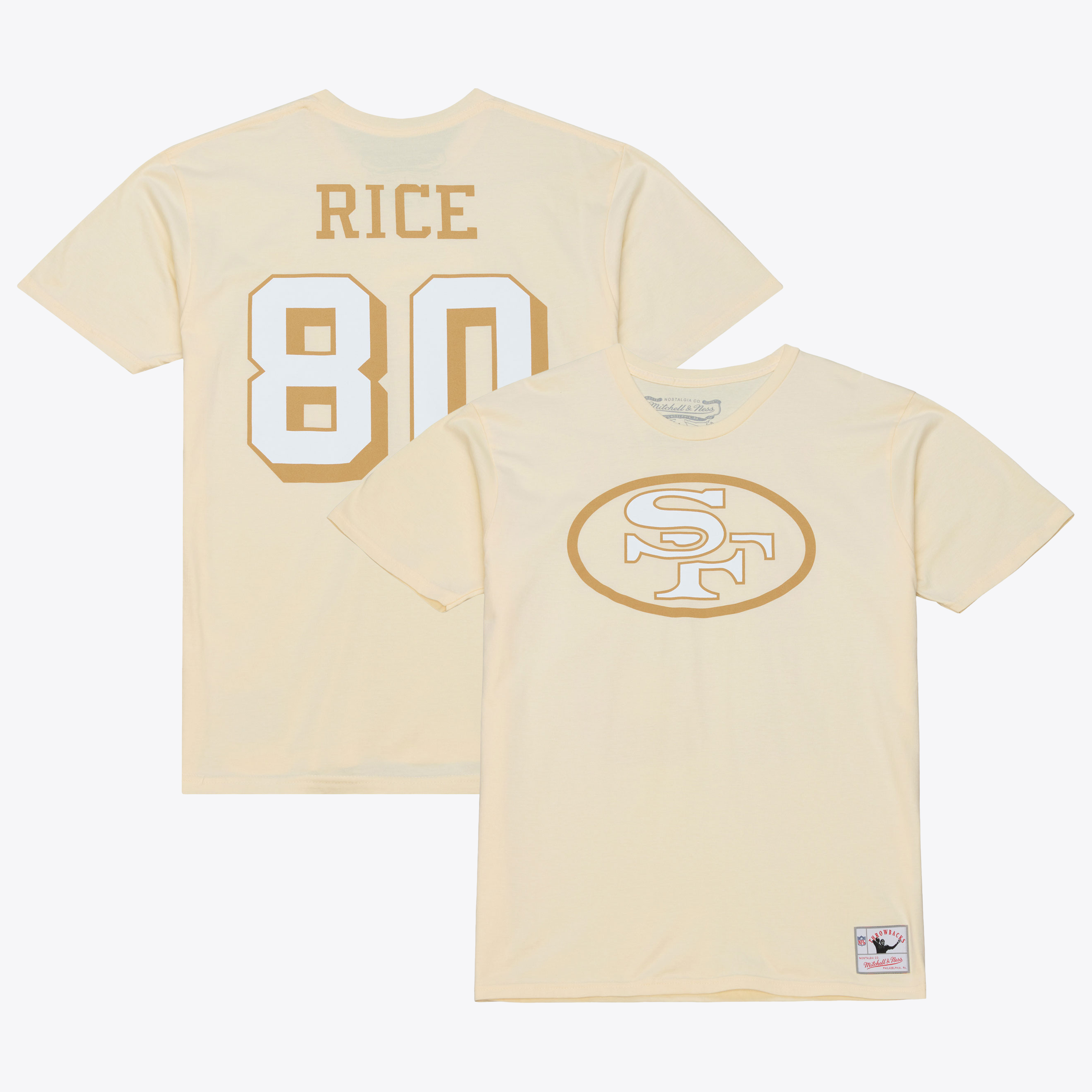Men's Mitchell & Ness Jerry Rice Cream San Francisco 49ers Sandman Name & Number T-Shirt