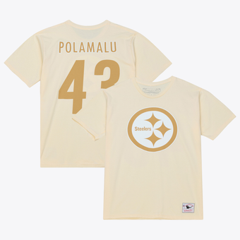 Men's Mitchell & Ness Troy Polamalu Cream Pittsburgh Steelers Sandman Name & Number T-Shirt
