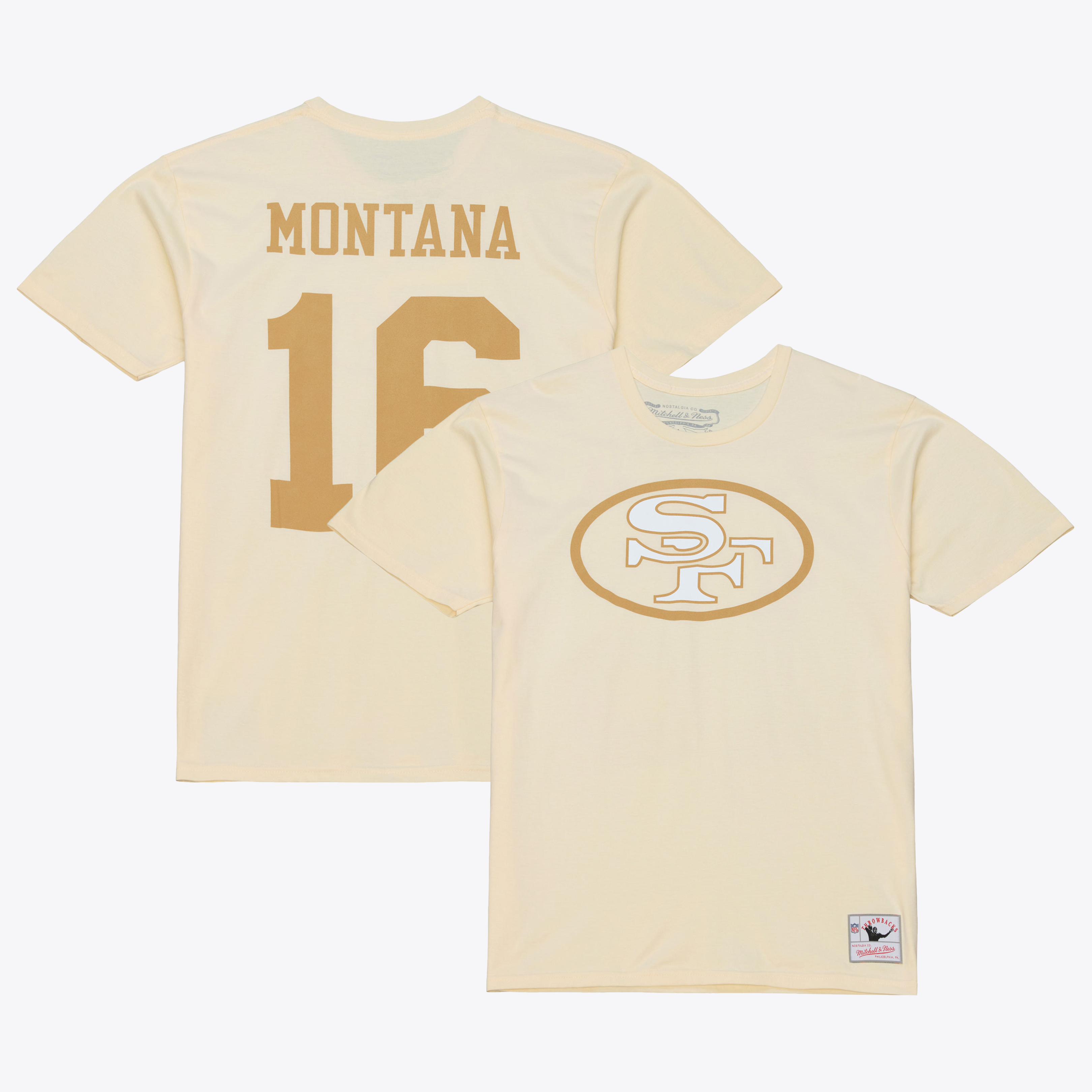 Men's Mitchell & Ness Joe Montana Cream San Francisco 49ers Sandman Name & Number T-Shirt