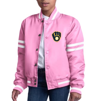 Youth Starter  Pink Milwaukee Brewers Team Logo Full-Snap Satin Varsity Jacket