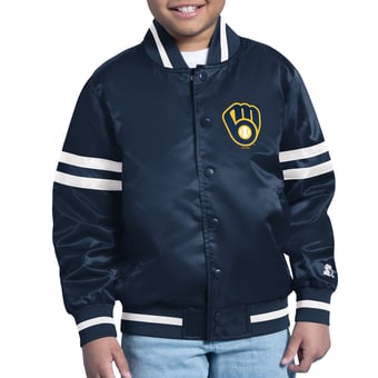 Youth Starter  Navy Milwaukee Brewers Team Logo Full-Snap Satin Varsity Jacket