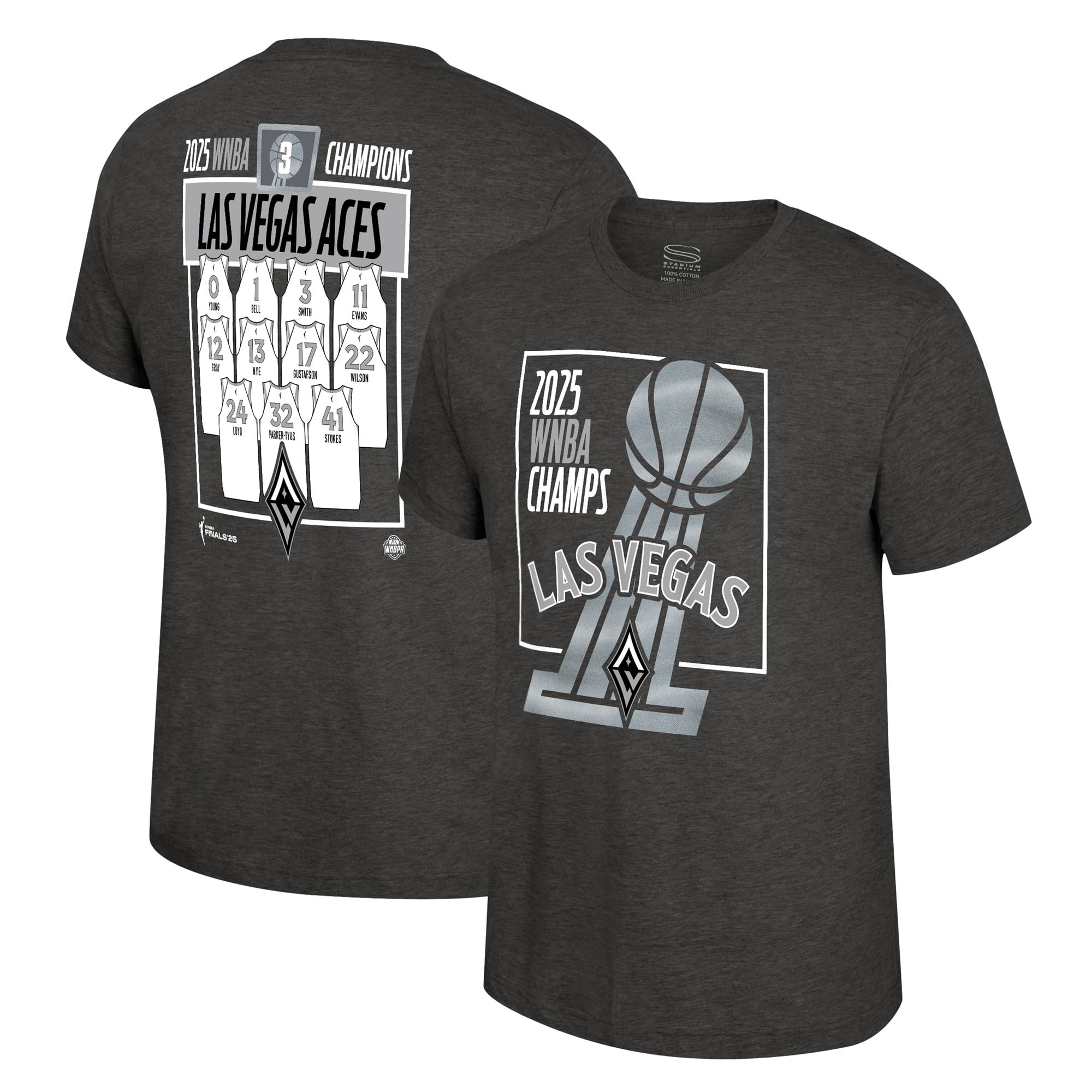 Unisex Stadium Essentials  Heather Charcoal Las Vegas Aces 2025 WNBA Finals Champions Jersey Roster T-Shirt