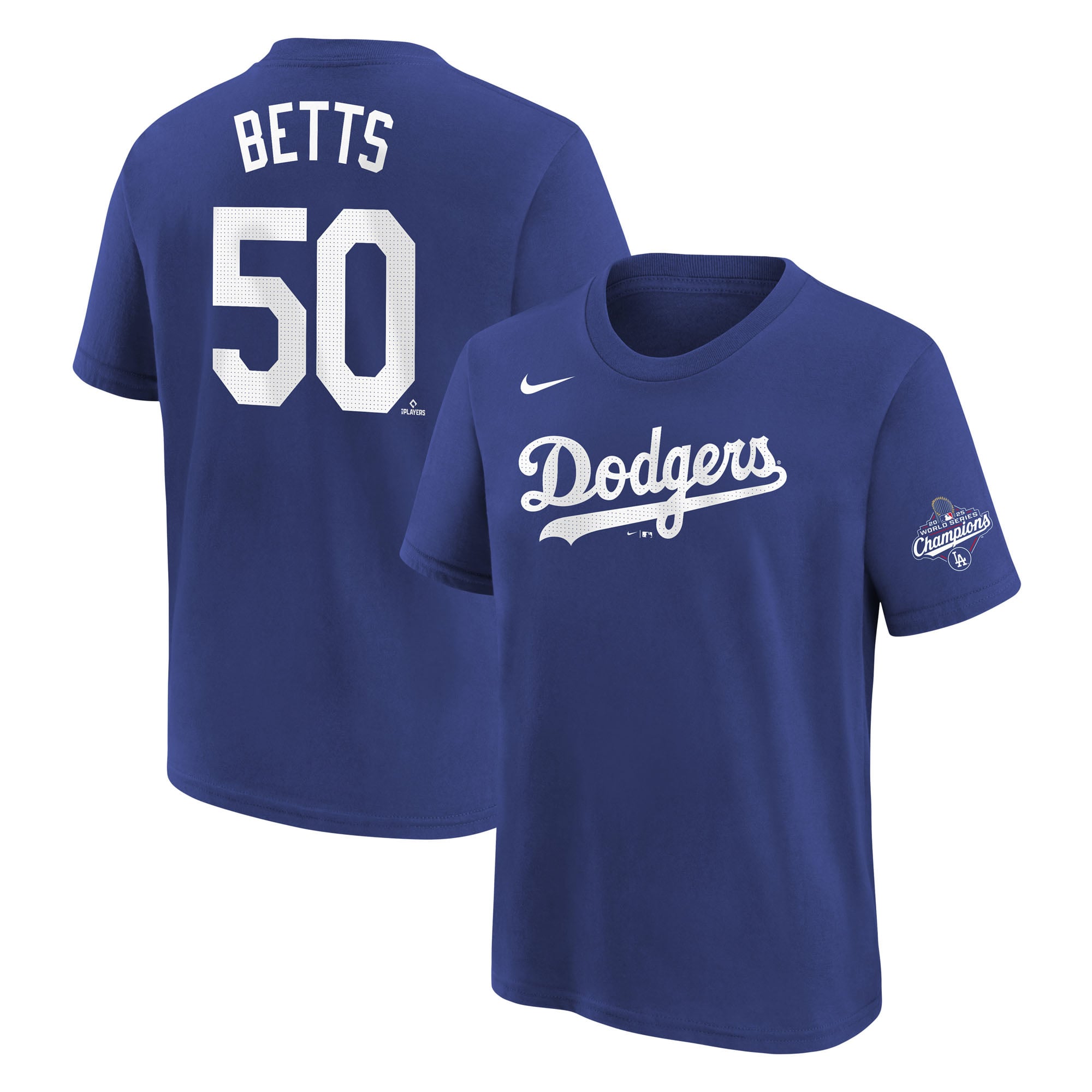 Youth Nike Mookie Betts Royal Los Angeles Dodgers 2025 World Series Champions Name & Number T-Shirt