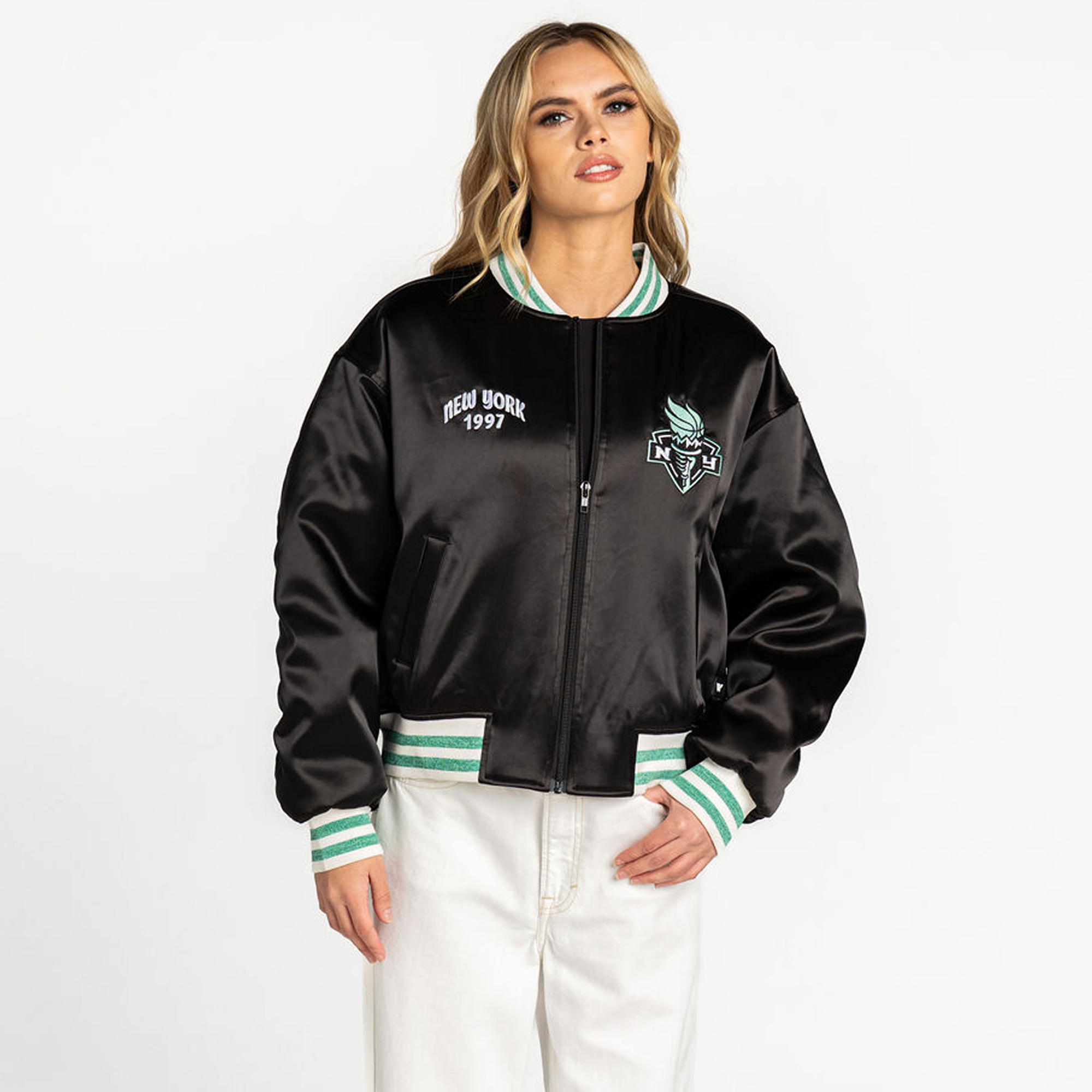 Women’s The Wild Collective Black New York Liberty Oversized Cropped Satin Full-Zip Bomber Jacket Women’s The Wild Collective Black New York Liberty Oversized Cropped Satin Full-Zip Bomber Jacket