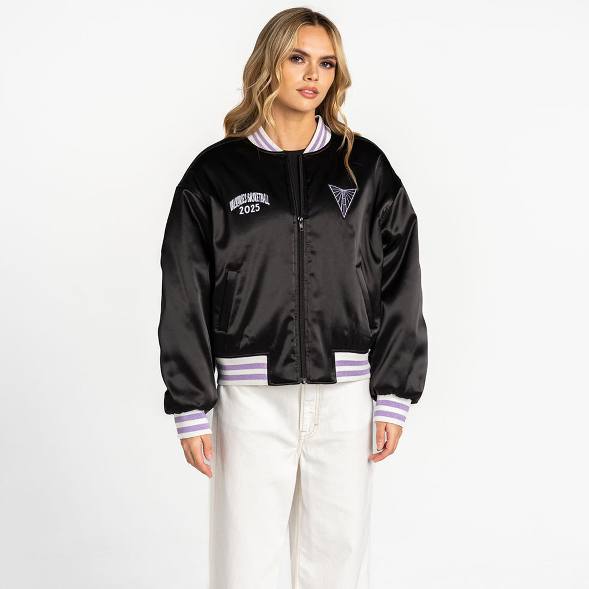 Women's The Wild Collective Eclipse Black Golden State Valkyries Oversized Cropped Satin Full-Zip Bomber Jacket