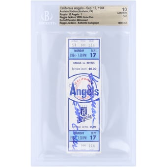Reggie Jackson California Angels Autographed Career HR 500 Beckett Fanatics Witnessed Authenticated Gem Mint 10 Ticket from September 17, 1984 with "500th Career" Inscription