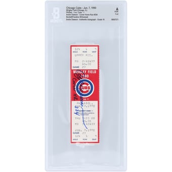 Andre Dawson Chicago Cubs Autographed Career HR 334 Beckett Fanatics Witnessed Authenticated Auto 10 Ticket from June 7, 1990 with "Career HR 334" Inscription