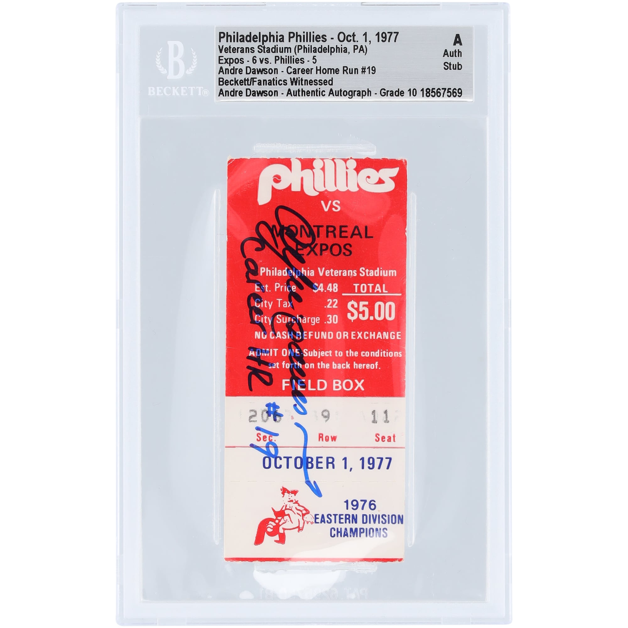 Andre Dawson Chicago Cubs Autographed Career HR 19 Stub Beckett Fanatics Witnessed Authenticated Auto 10 Ticket from October 1, 1977 with "Career HR #19" Inscription