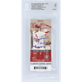 "Trea Turner Washington Nationals Autographed 1st Career Stolen Base Beckett Fanatics Witnessed Authenticated Mint 9 Ticket from September 1, 2015 with ""1st Career SB"" Inscription"