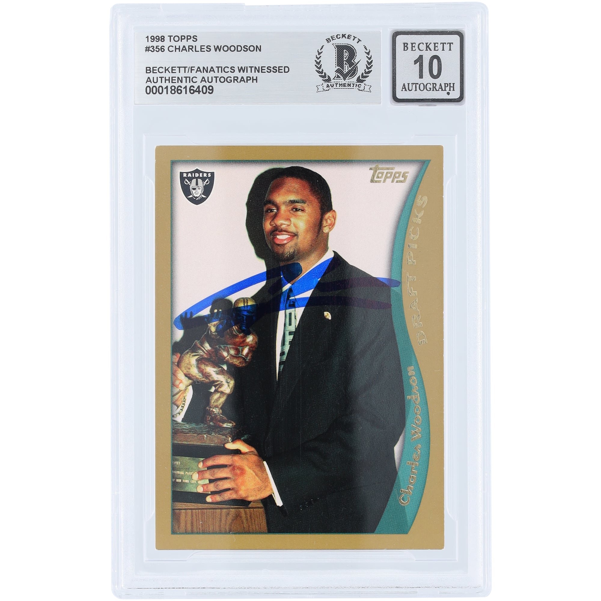 Charles Woodson Oakland Raiders Autographed 1998 Topps #356 Beckett Fanatics Witnessed Authenticated 10 Rookie Card
