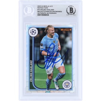Erling Haaland Manchester City Autographed 2023-24 Topps Merlin UEFA Refractor #73 Beckett Fanatics Witnessed Authenticated Card