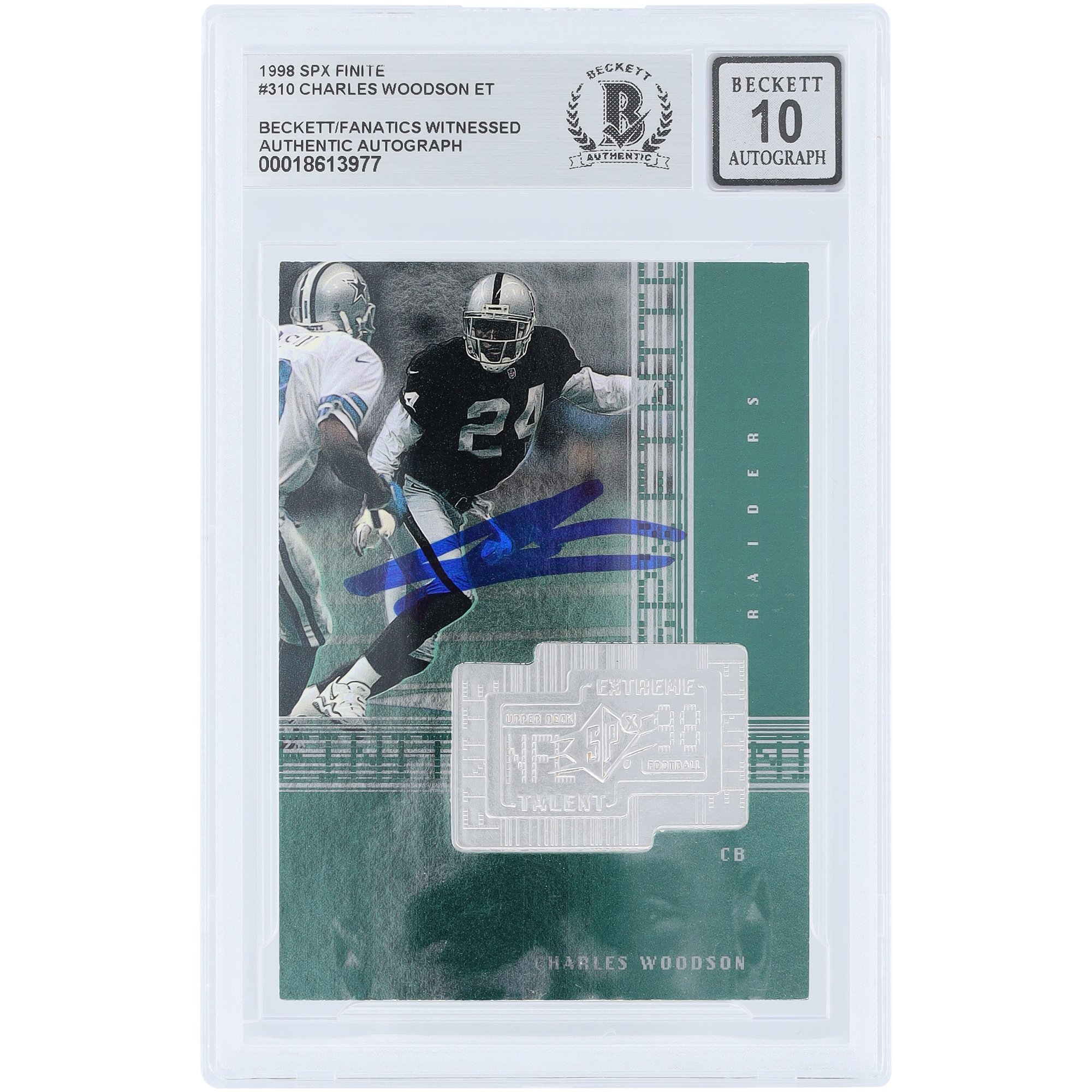 Charles Woodson Oakland Raiders Autographed 1998 Upper Deck SPx Finite #310 #/7200 Beckett Fanatics Witnessed Authenticated 10 Rookie Card