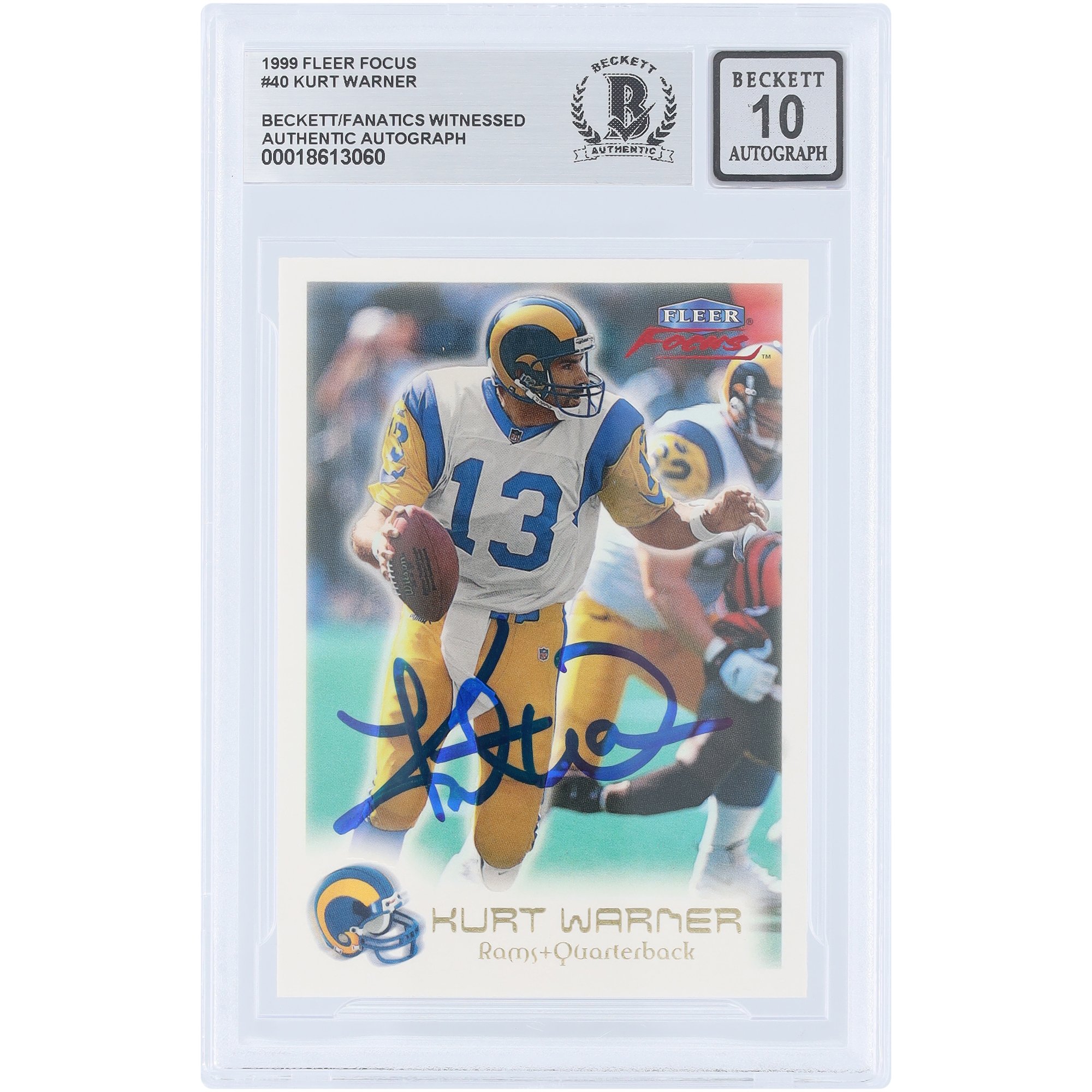 Kurt Warner St. Louis Rams Autographed 1999 Fleer Focus #40 Beckett Fanatics Witnessed Authenticated 10 Rookie Card