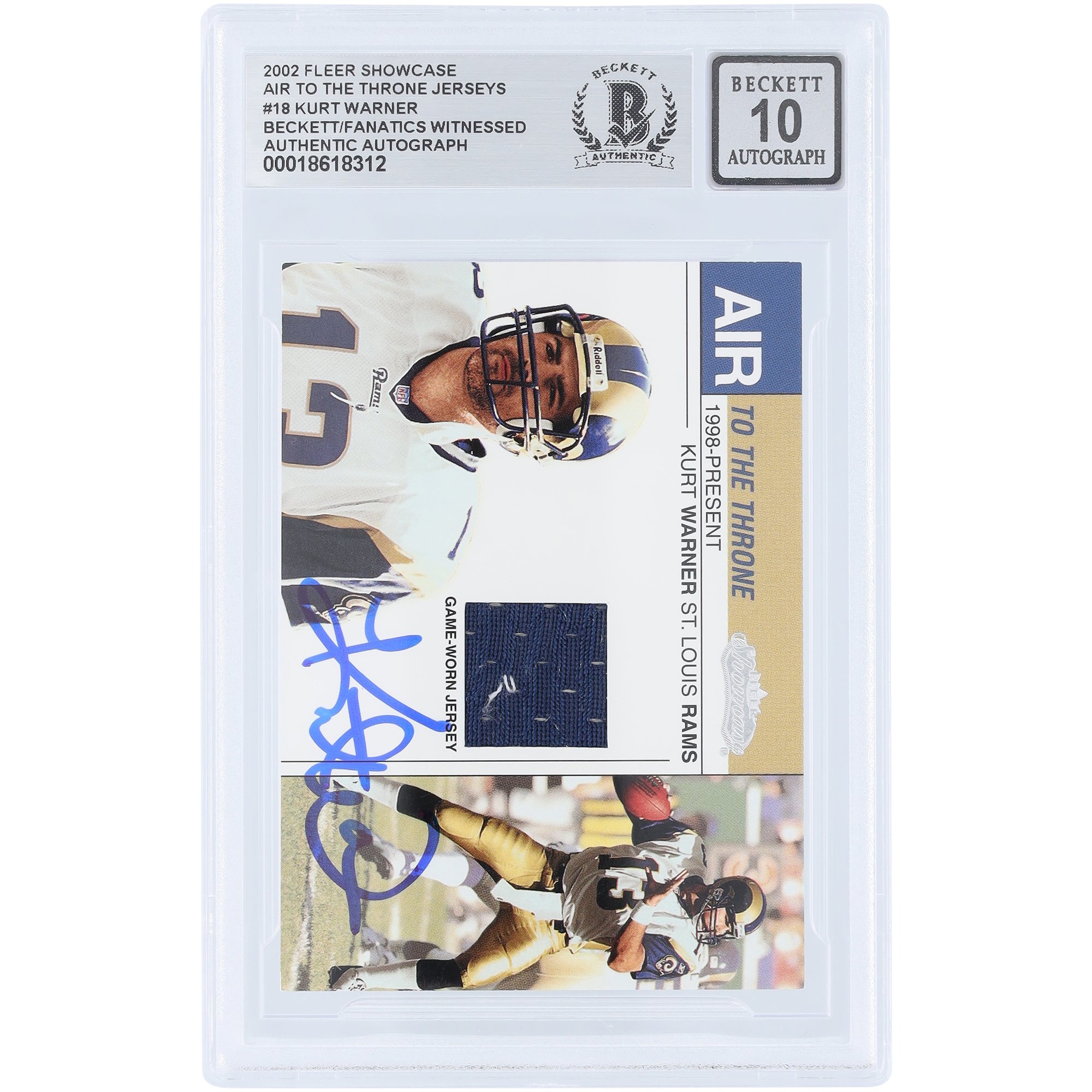 Kurt Warner St. Louis Rams Autographed 2002 Fleer Showcase Air To The Throne Jerseys Relic #KW Beckett Fanatics Witnessed Authenticated 10 Card