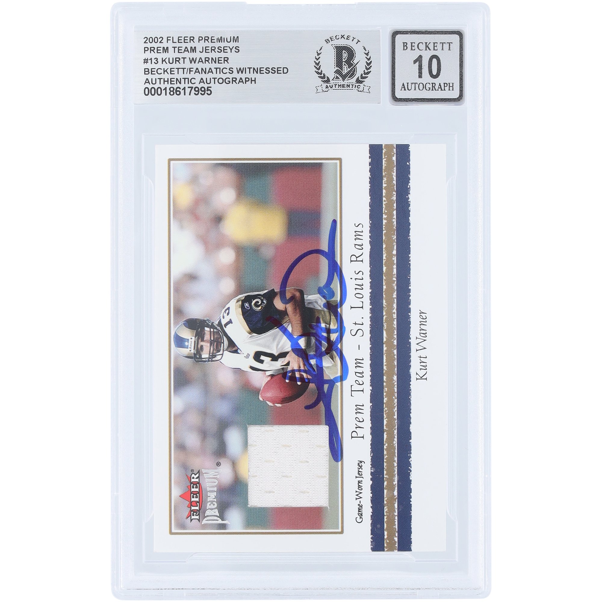 Kurt Warner St. Louis Rams Autographed 2002 Fleer Premium Prem Team Jersey Relic #KW Beckett Fanatics Witnessed Authenticated 10 Card