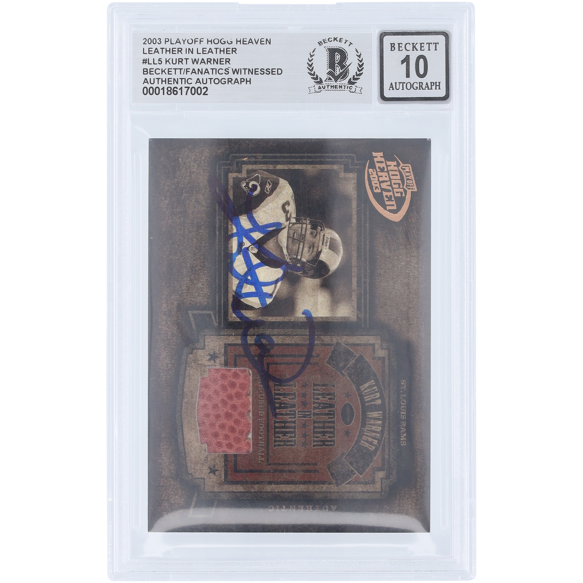 Kurt Warner St. Louis Rams Autographed 2003 Playoff Hogg Heaven Leather In Leather Football Relic #LL-5 #/250 Beckett Fanatics Witnessed Authenticated /10 Card