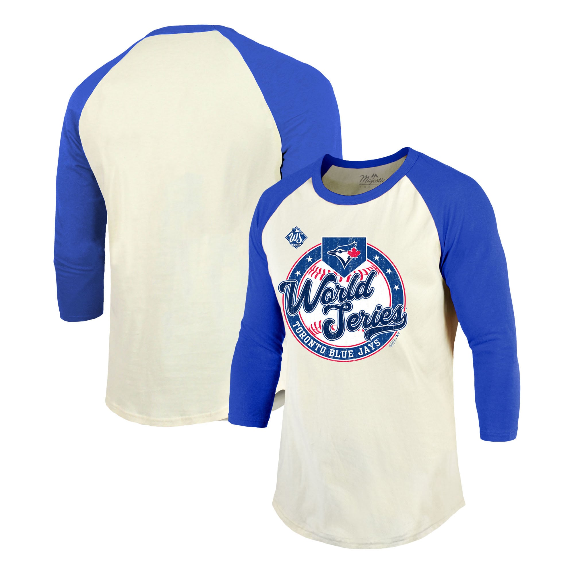Men's Majestic Threads Cream/Royal Toronto Blue Jays 2025 World Series Softhand Tri-Blend 3/4-Sleeve Raglan T-Shirt