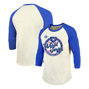 Men's Majestic Threads Cream/Royal Toronto Blue Jays 2025 World Series Softhand Tri-Blend 3/4-Sleeve Raglan T-Shirt