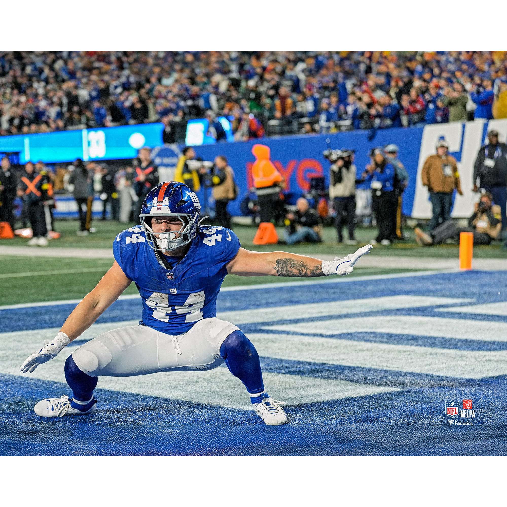 Cam Skattebo New York Giants Unsigned 2025 Week 6 Celebration in 3 Touchdown Game Photograph