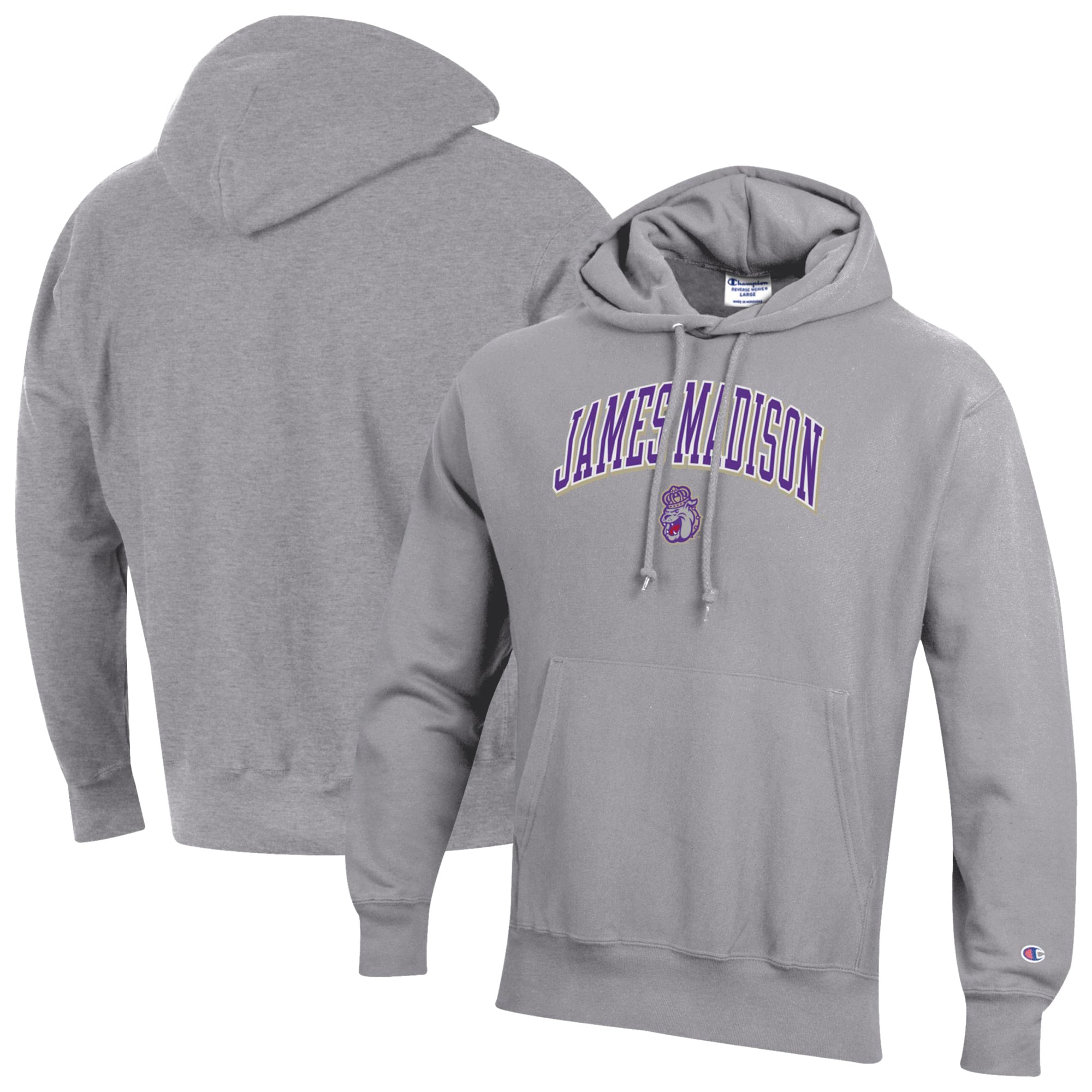 Men's Champion Gray James Madison Dukes Reverse Weave Hoodie