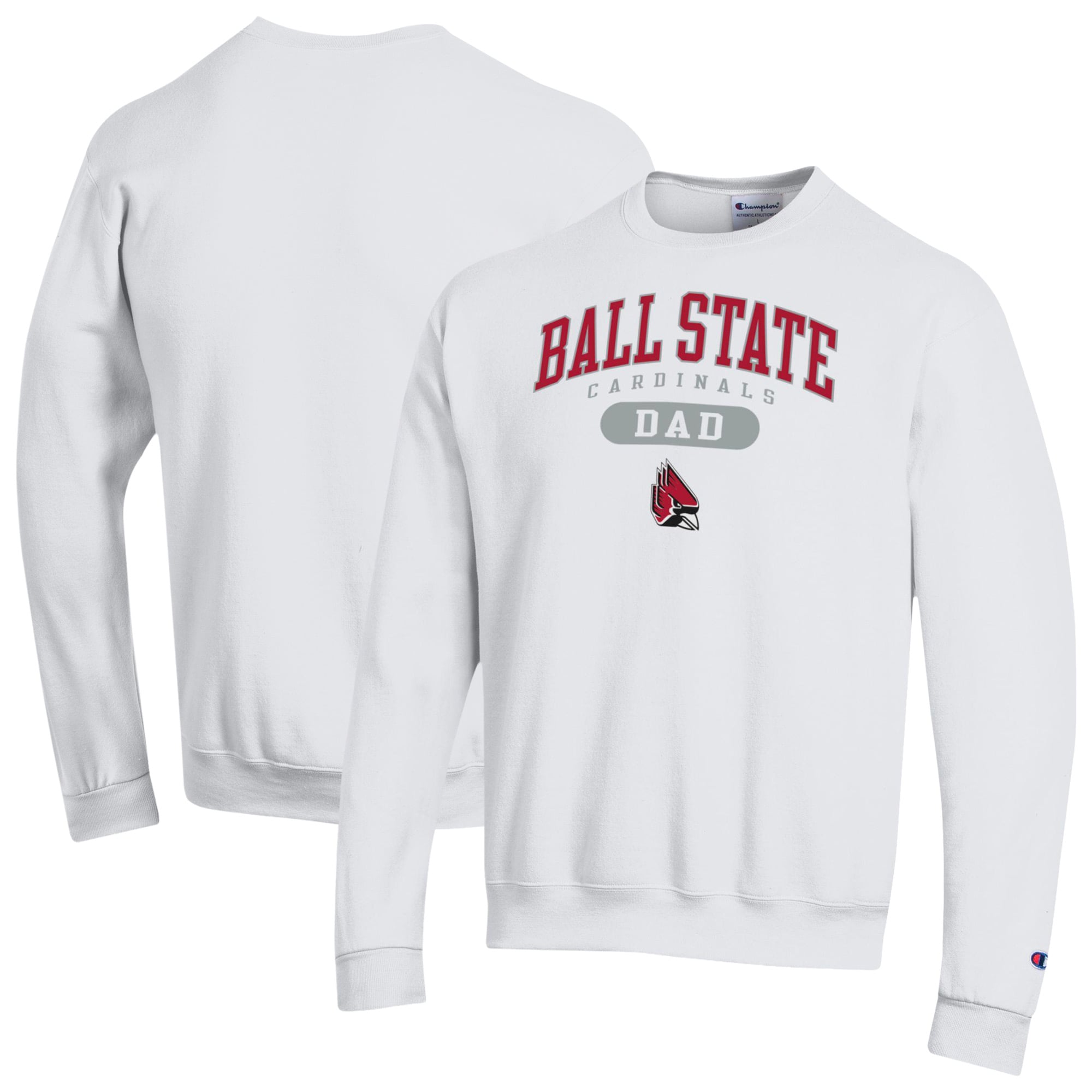Men's Champion White Ball State Cardinals Dad Pill Box Eco Powerblend Sweatshirt