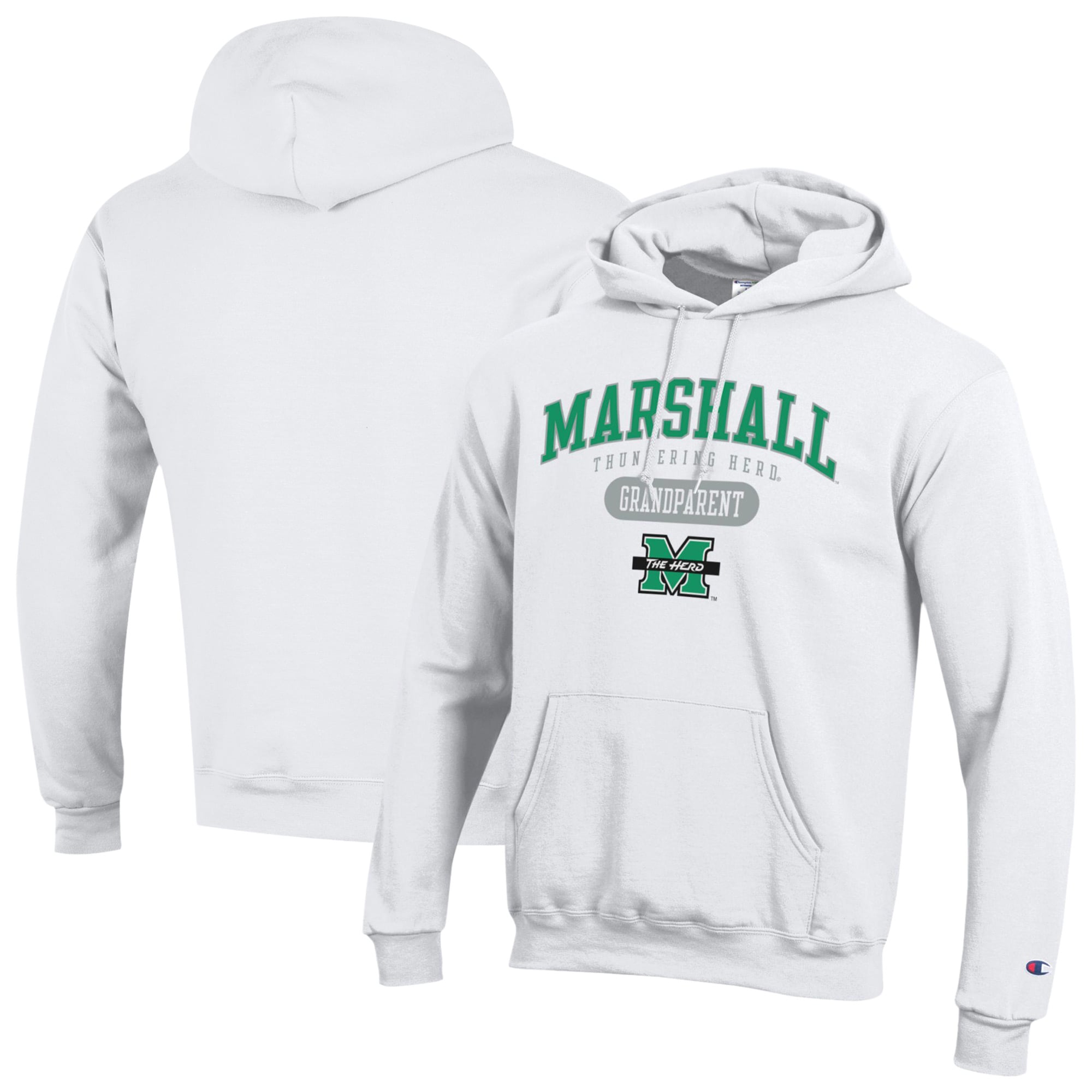 Unisex Champion White Marshall Thundering Herd Grandparent Pill Box Eco Powerblend Hoodie