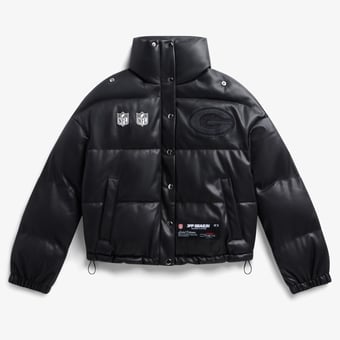 Women's  Black Green Bay Packers Faux Leather Puffer Jacket